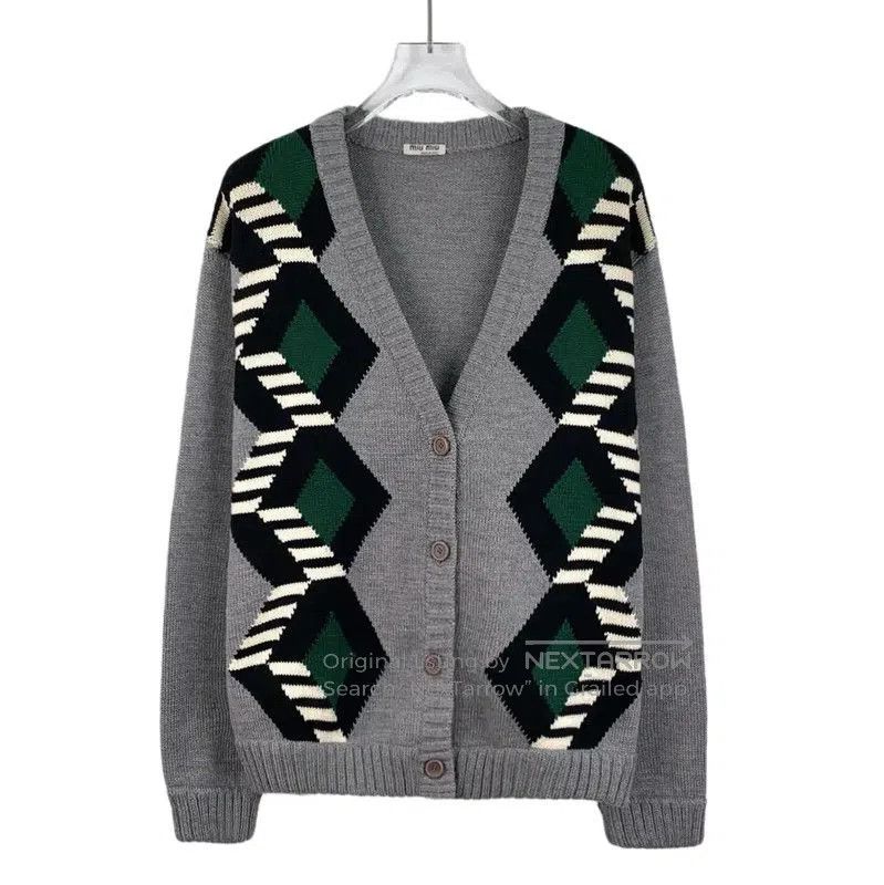 Miu Miu Miu Miu Gray Cardigan with Diamond Pattern . Size M / US 6-8 / IT 42-44 - 1 Thumbnail