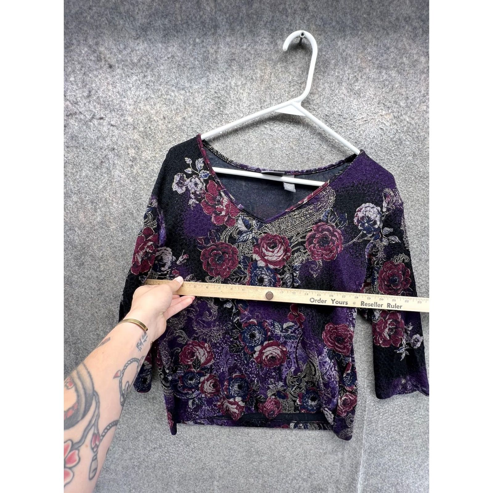 Vintage Additions by Chico's Blouse Womens 3 Purple Floral V Neck 3/4 Sleeve Stretch Top Size XS / US 0-2 / IT 36-38 - 3 Thumbnail