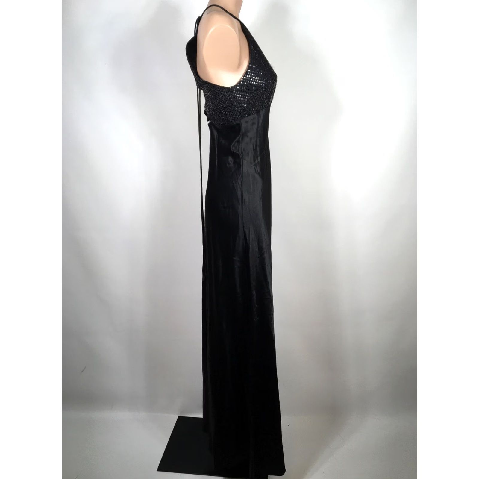 Vintage VTG ZUM ZUM Dress 90s y2k Black Satin A-Line Sequin Lattice Back Evening Gown 8 Size M / US 6-8 / IT 42-44 - 4 Thumbnail