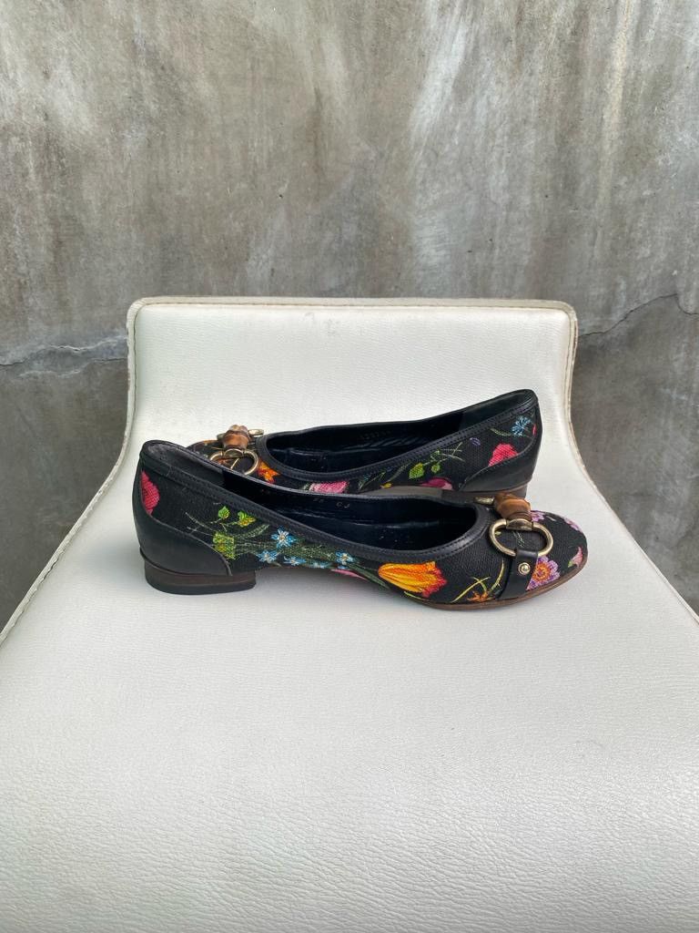 Gucci Black Flora Bamboo Ballet Heeled Flats Size US 5 / IT 35 - 6 Thumbnail