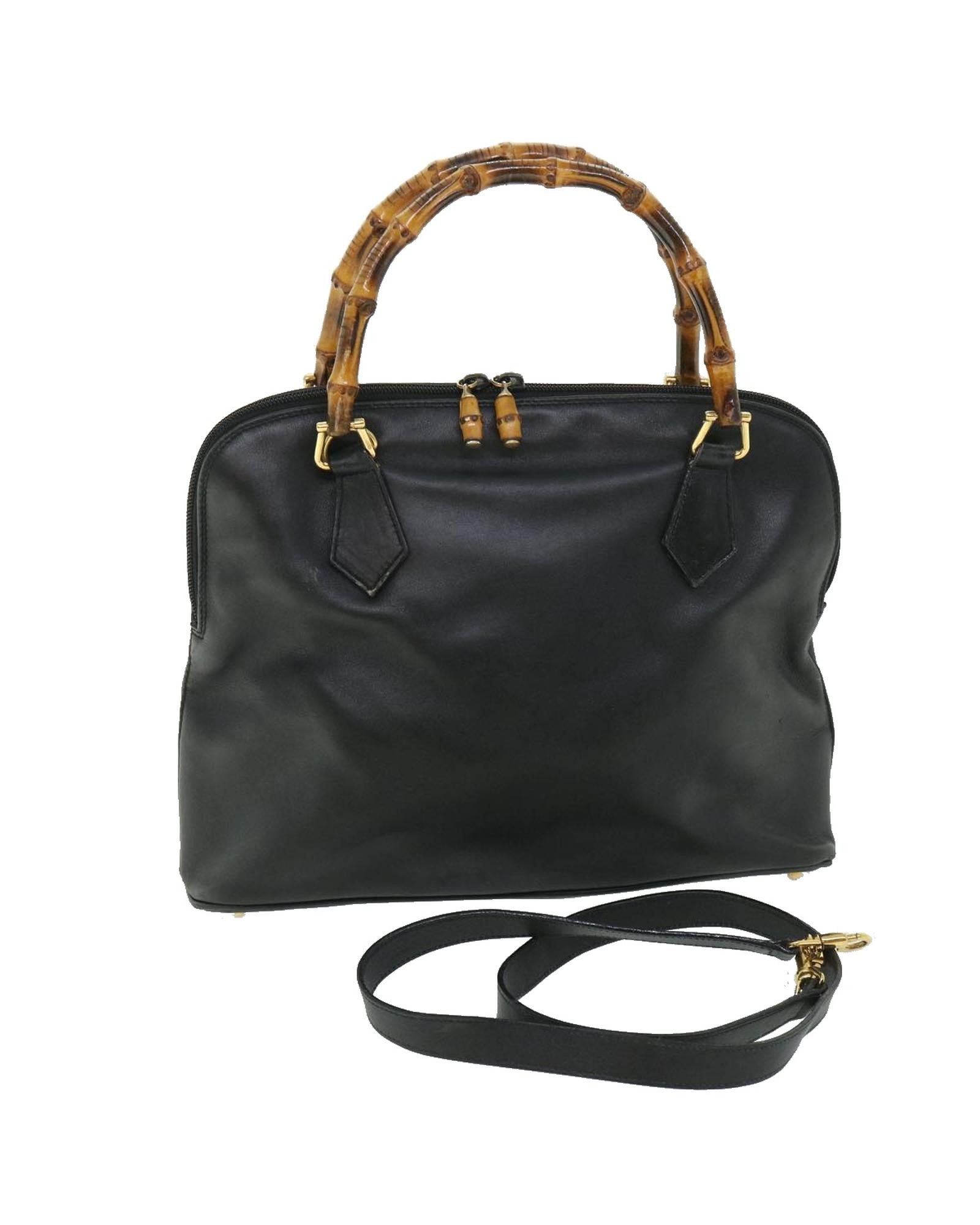 image of Gucci Black Leather Bamboo Hand Bag With Shoulder Strap, Women's