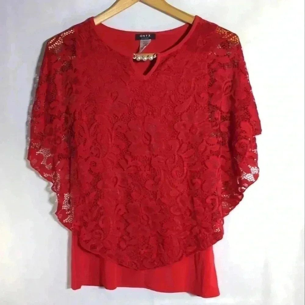 Vintage Onyx Apparel Red Lace Overlay Blouse sz S Pearl look accent Size S / US 4 / IT 40 - 1 Thumbnail