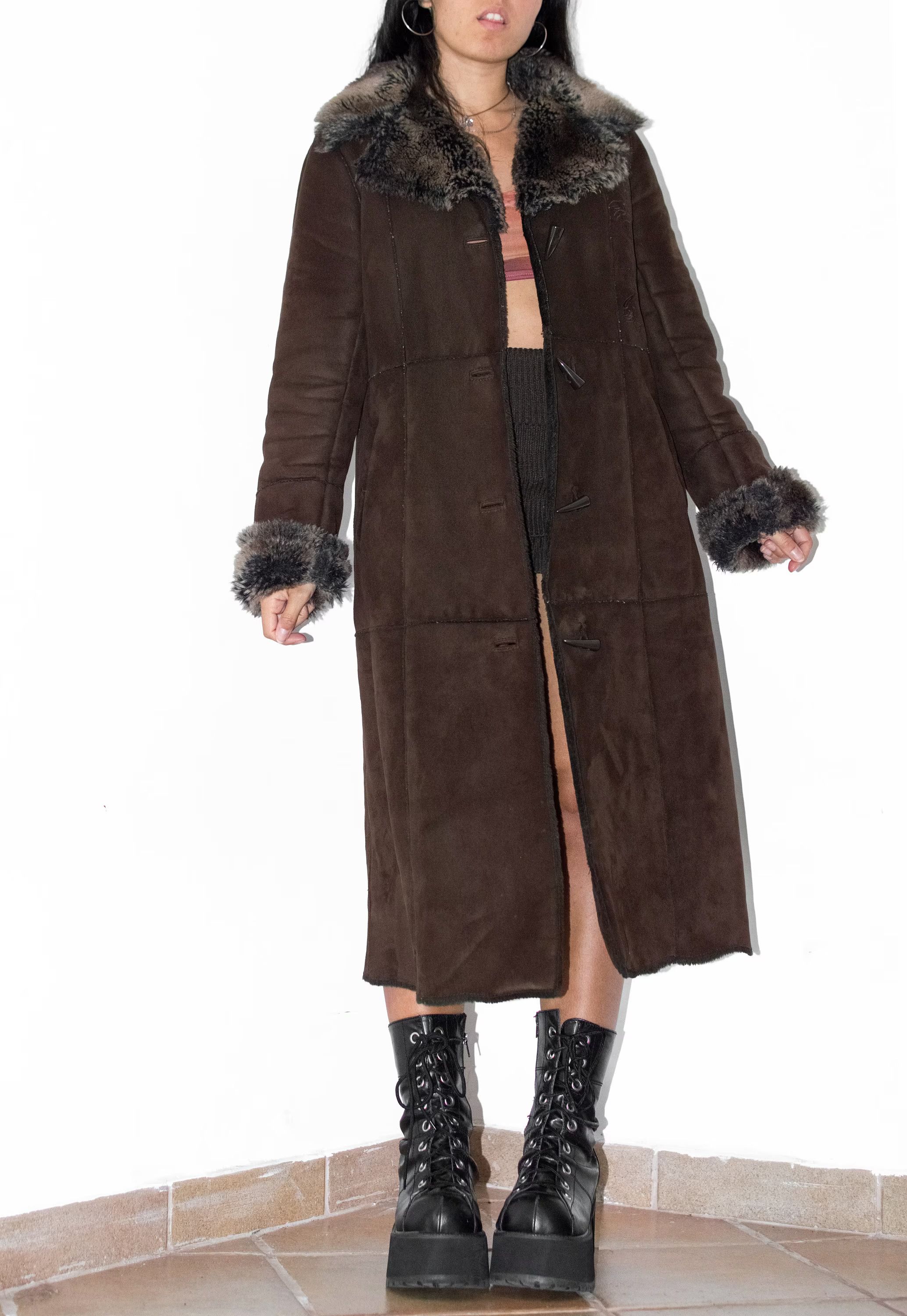 Designer × Japanese Brand × Vintage Embroidery Long Faux Fur Coat - Y2k Brown Fur Trimmed Coat Size L / US 10 / IT 46 - 2 Thumbnail