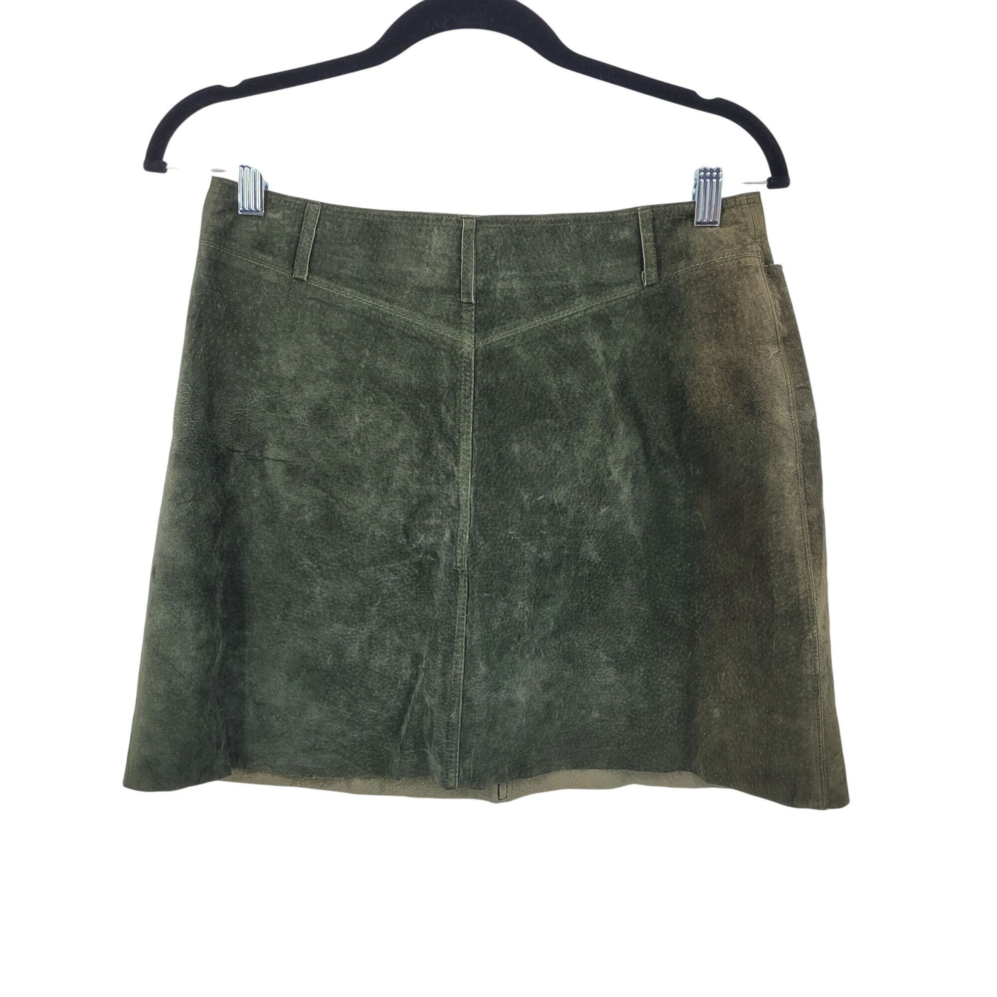 Vintage Vtg Olive Forest Green Suede Leather A-line Mini Skirt Women Size 32" / US 10 / IT 46 - 6 Thumbnail
