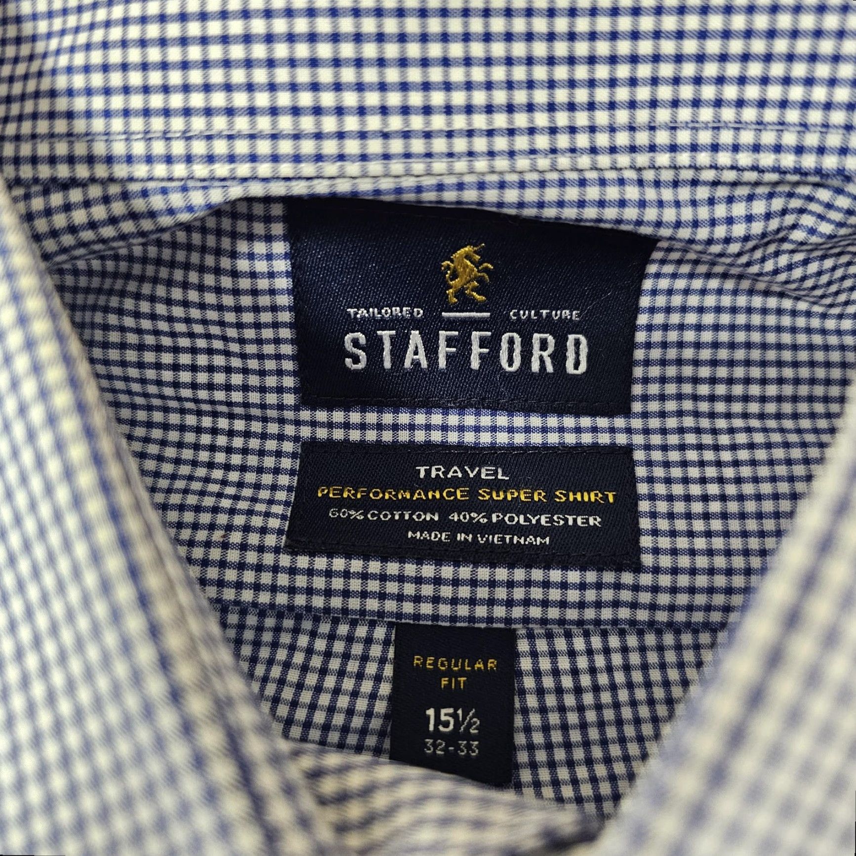 Stafford Stafford Dress Shirt Mens 15.5 32-33 Blue Check Travel Performance Regular Fit Shirt Mens Blue Gingham 60% cotton 40% polyester Size 42R - 4 Thumbnail