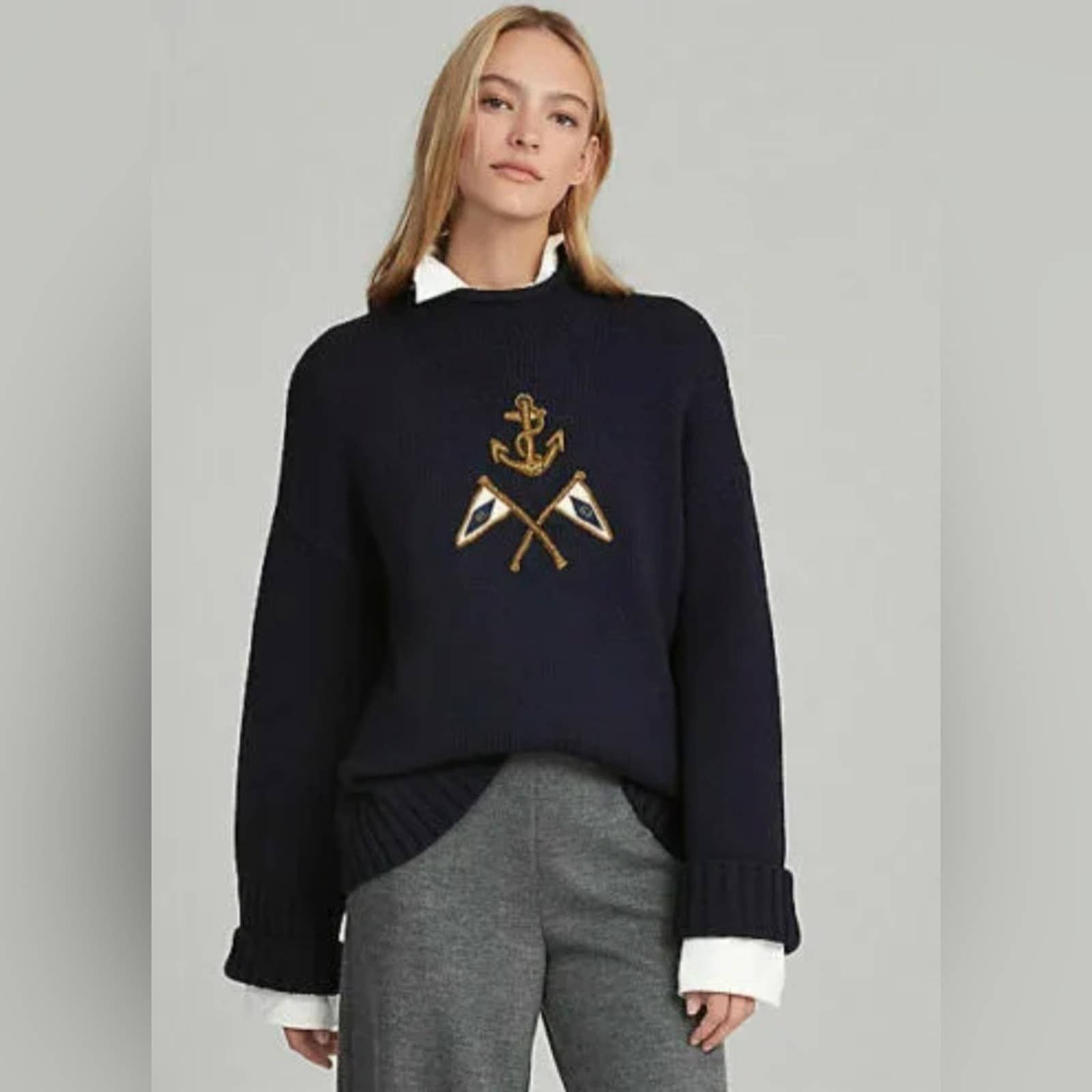 image of Polo Ralph Laurent Crest Nautical Sailor Embroidered Sweater in Blue, Women's (Size XS)