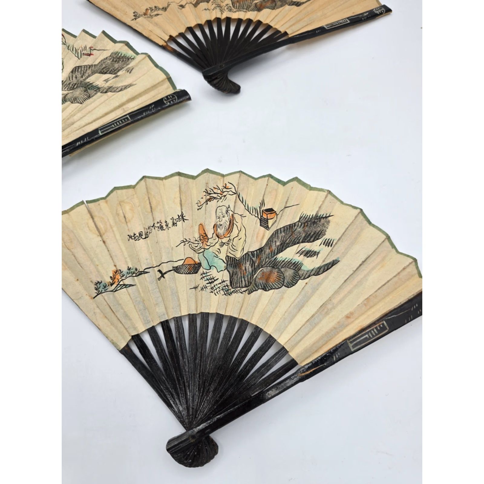 Vintage VTG 3 Lot Matching Chinese Folding Hand Fans Handmade Painted Rice/Bamboo Paper Fans Size ONE SIZE - 2 Thumbnail