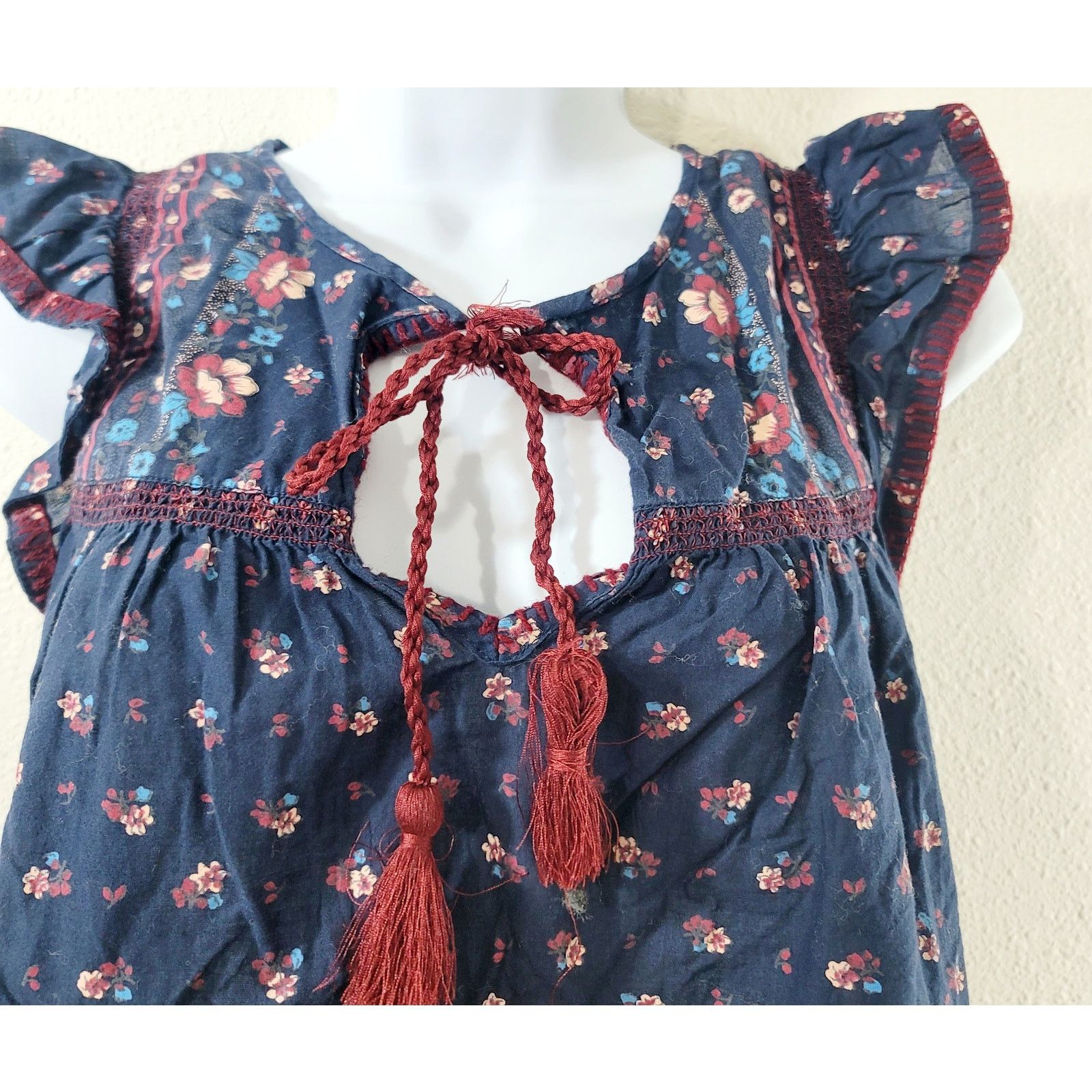 Other Point Sur Navy Blue Burgundy Floral Tie Keyhole Neck Top XS Size XS / US 0-2 / IT 36-38 - 5 Thumbnail