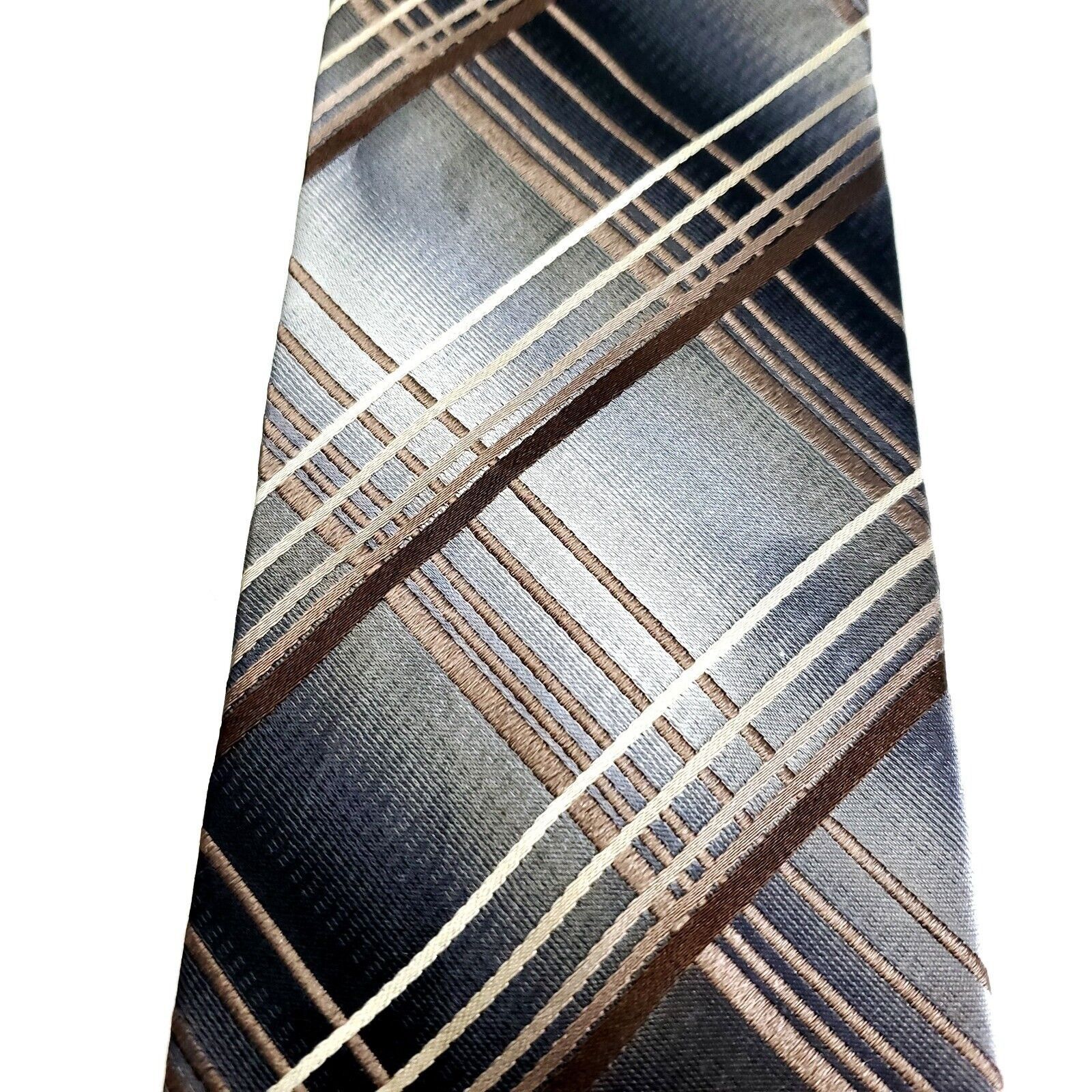 Pronto Uomo Pronto Uomo Silk Tie Woven Silver Brown Plaid Size ONE SIZE - 2 Thumbnail