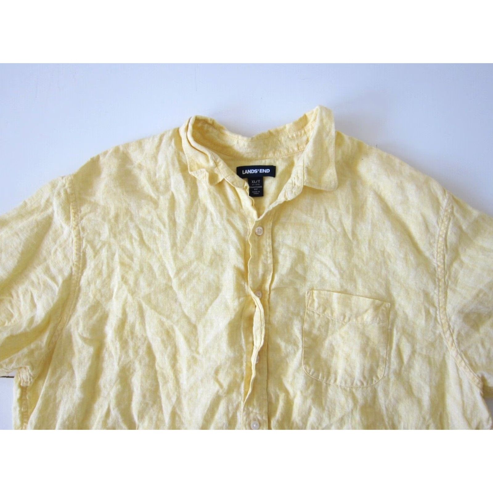 Lands' End Lands' End 100% Linen Yellow Button Up Short Sleeve Traditional Fit Shirt XL/T Mens Shirt Size US XL / EU 56 / 4 - 5 Thumbnail