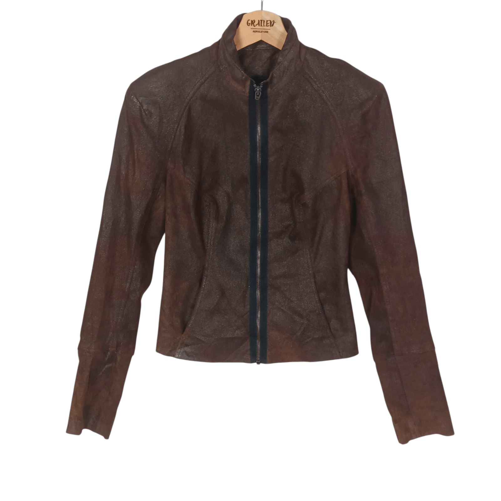 Plein Sud Rust Brown Leather Zip Up Jacket