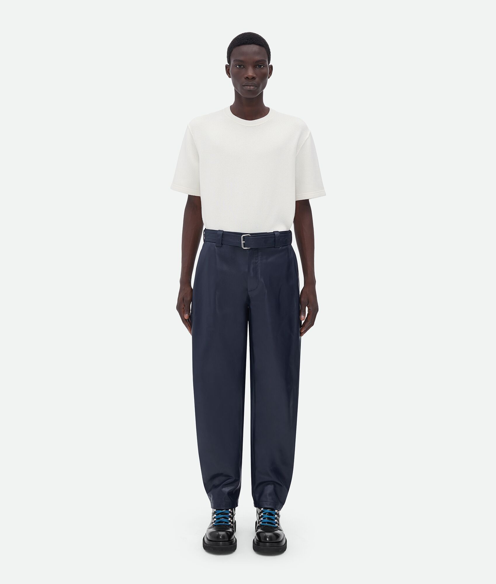 o1n1vont1224 Belted Leather Pants in Navy Blue