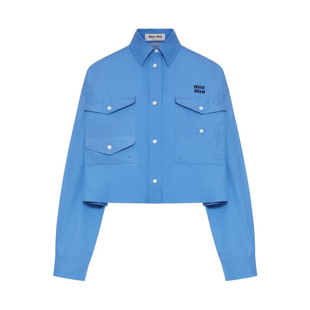 MIU MIU Blue Cropped Poplin Shirt New And Authentic (Women's