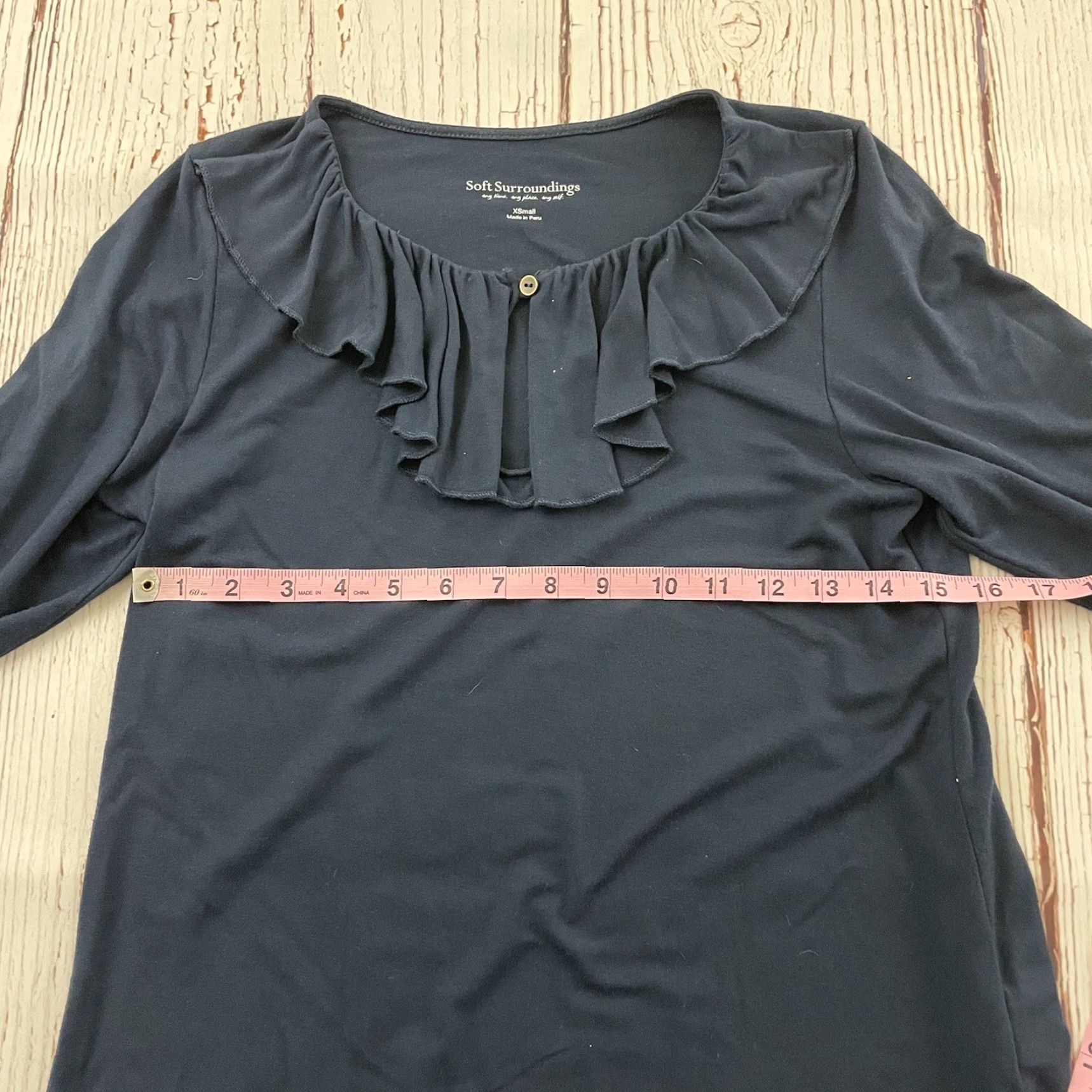 Soft Surroundings Soft Surroundings Blouse 3/4 Sleeve Ruffle XS Navy Blue Women Solid Shirt VINTAGE? Size XS / US 0-2 / IT 36-38 - 4 Thumbnail