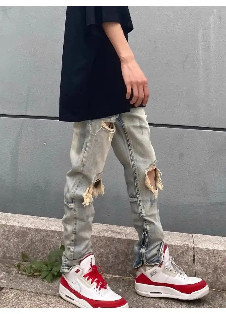 Japanese Brand Retro loose and distressed zippered jeans Size US 32 / EU 48 - 3 Thumbnail