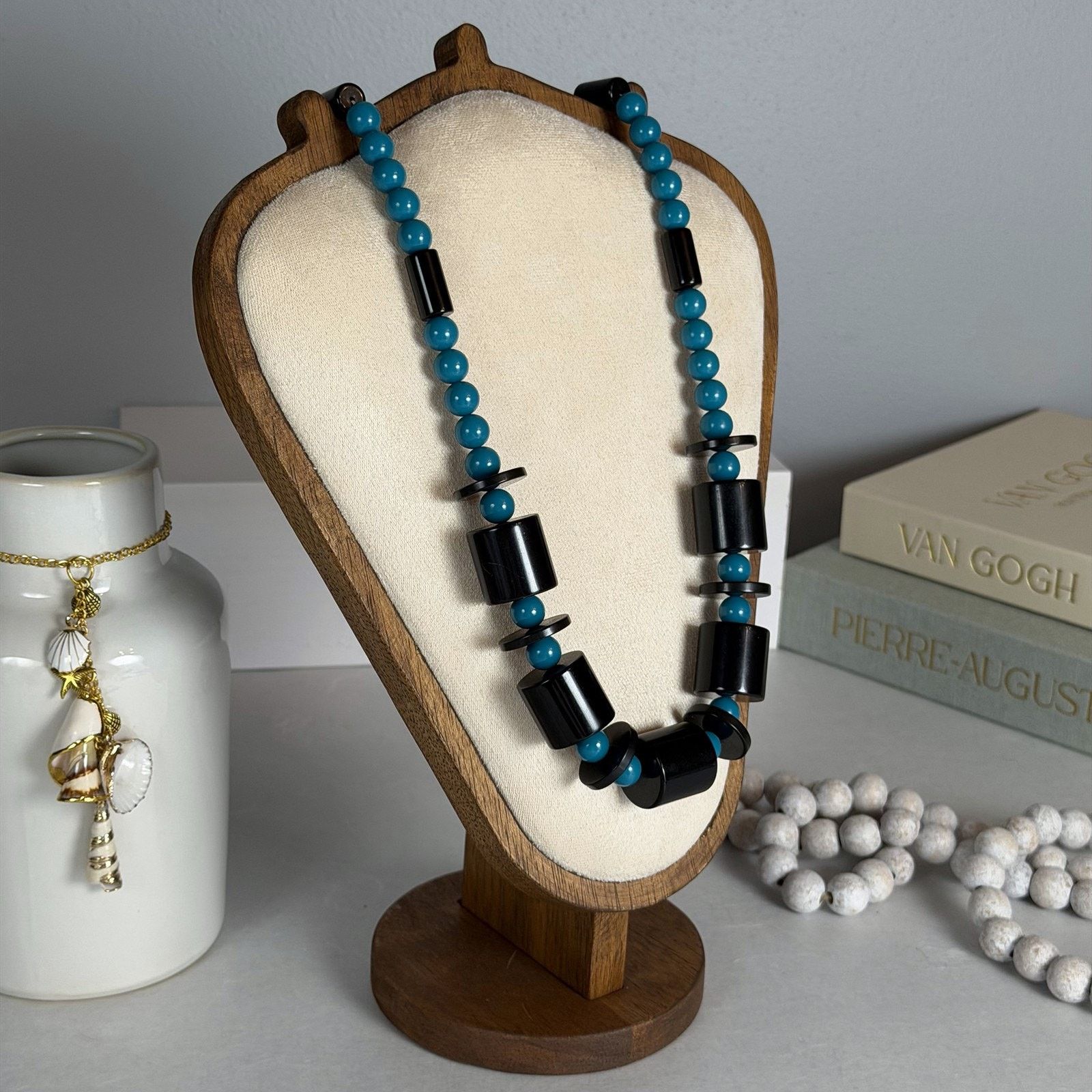 Other VTG 1980s 30" Teal & Black Cylinder & Disc Beaded Necklace Size ONE SIZE - 2 Thumbnail