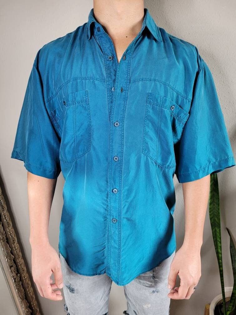 Vintage Vintage 80s/90s Relaxed Teal Silk Short Sleeve Button-up Size US L / EU 52-54 / 3 - 5 Thumbnail