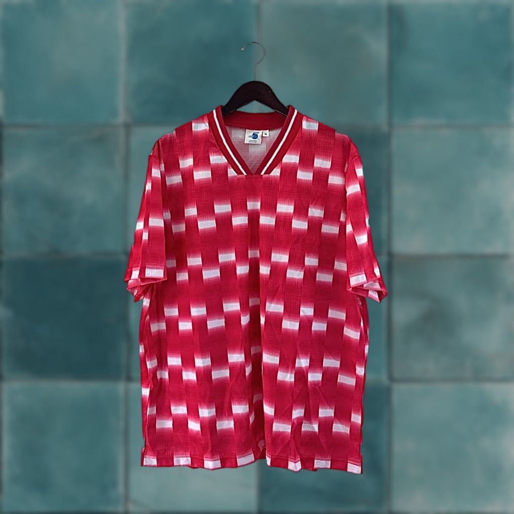 Vintage VINTAGE High Five v-neck Soccer Shirt Mens XL Deadstock NWOT 90s USA Made Red White 100% Polyester Short Sleeve Shirt Mens 90s Style Size US XL / EU 56 / 4 - 1 Thumbnail