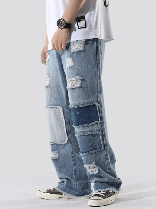 Japanese Brand Trendy loose straight-leg distressed patch ripped jeans Size US 34 / EU 50 - 1 Thumbnail