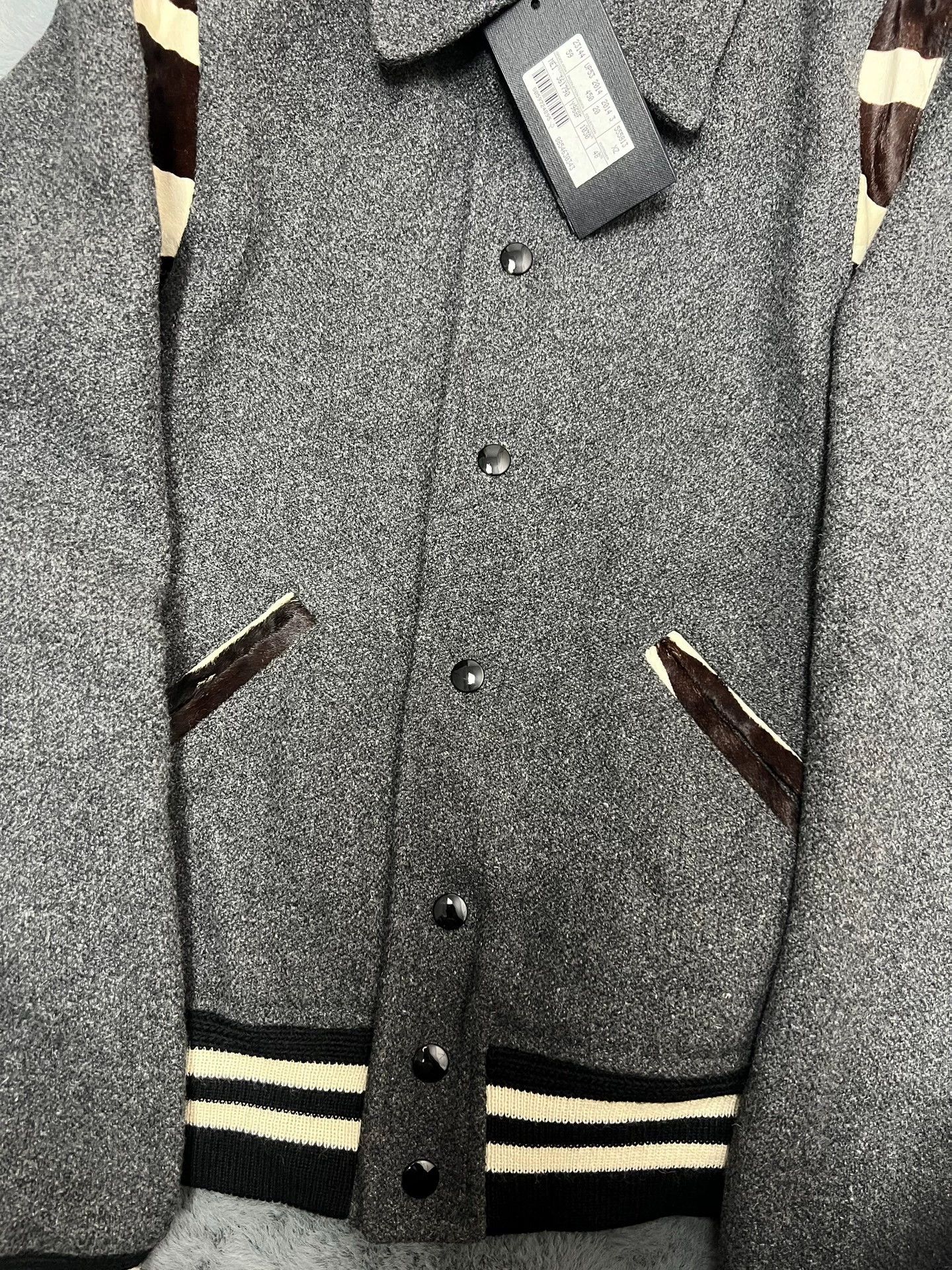 Saint Laurent Paris SLP print patchwork gray wool baseball jacket Size US M / EU 48-50 / 2 - 3 Thumbnail