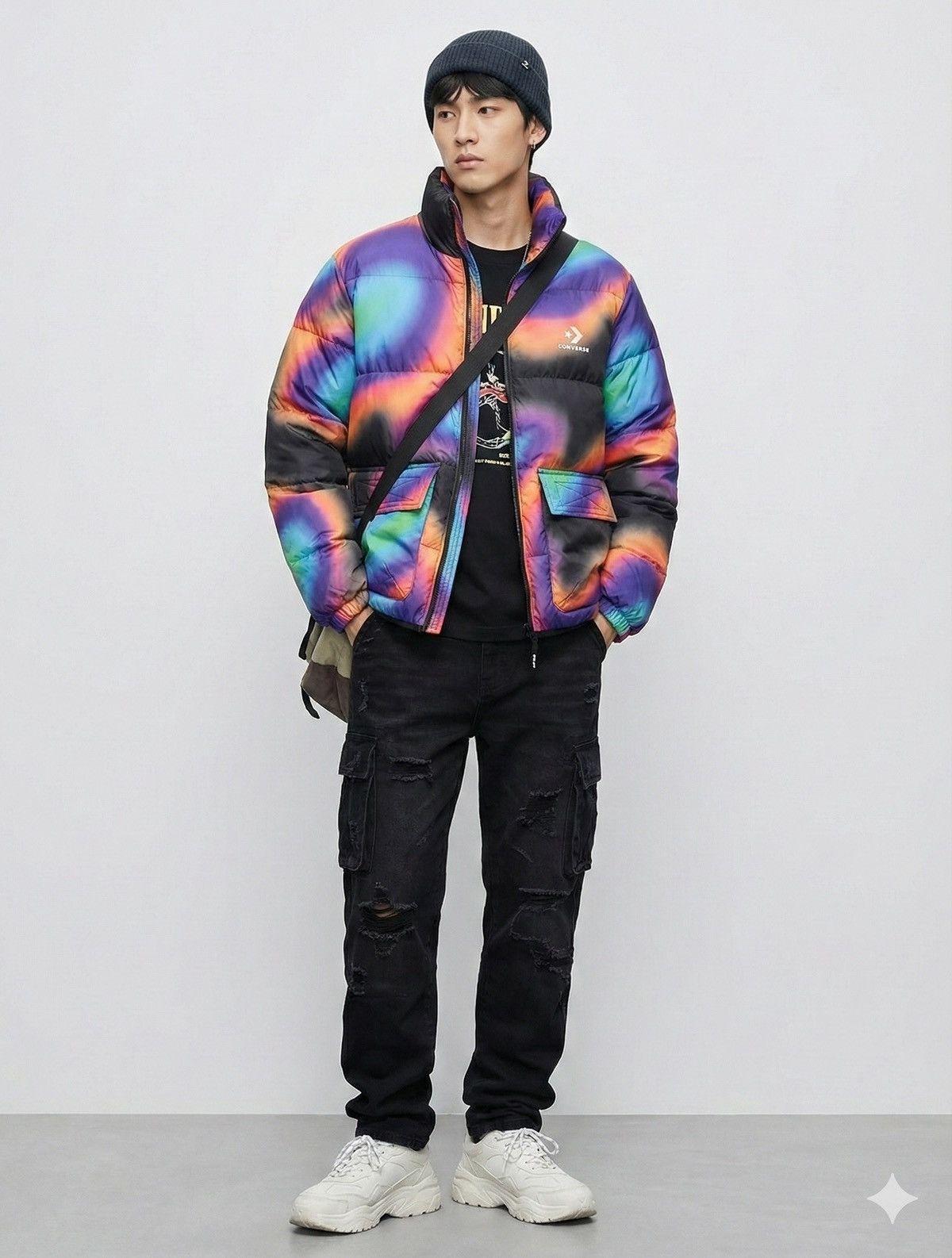 🔥Rare Distressed Converse Multicolor Puffer Jacket