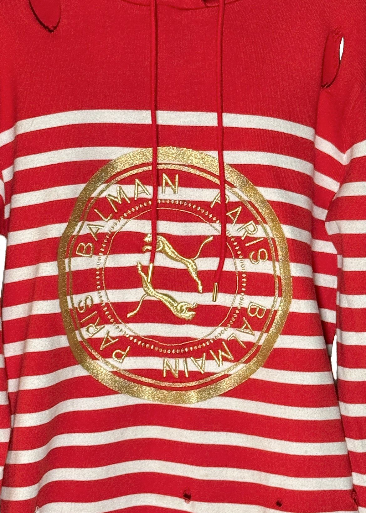 Balmain × Puma Balmain X Puma Red Striped Embroidered Distressed Hoodie Size US S / EU 44-46 / 1 - 4 Thumbnail