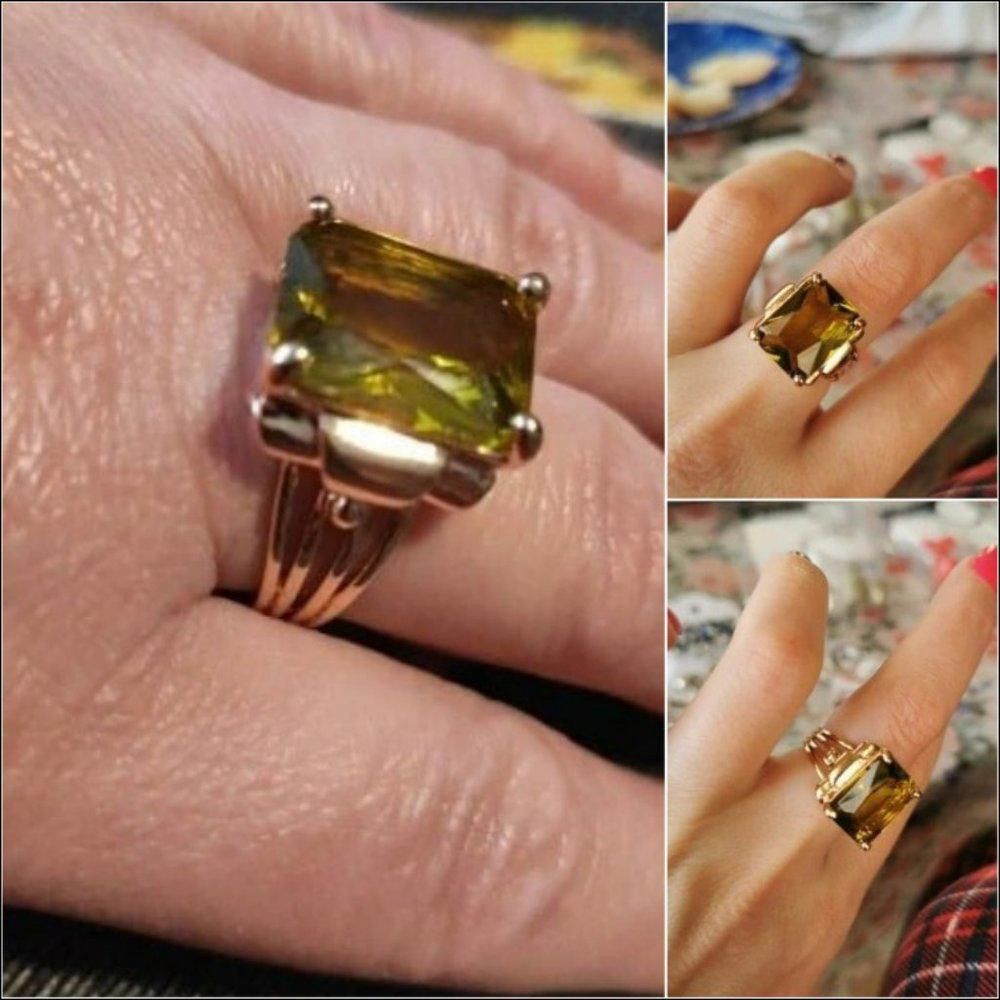 Designer 15mm Princess Cut Yellow Coffee Rhinestone Retro Gold Ring Size ONE SIZE - 10 Thumbnail