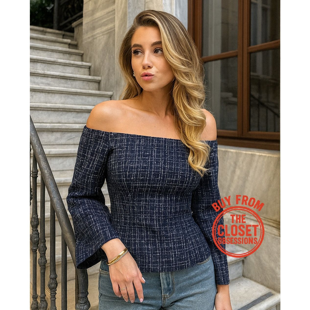 Zara Zara Navy Tweed Off Shoulder Top NWT M Size M / US 6-8 / IT 42-44 - 2 Thumbnail