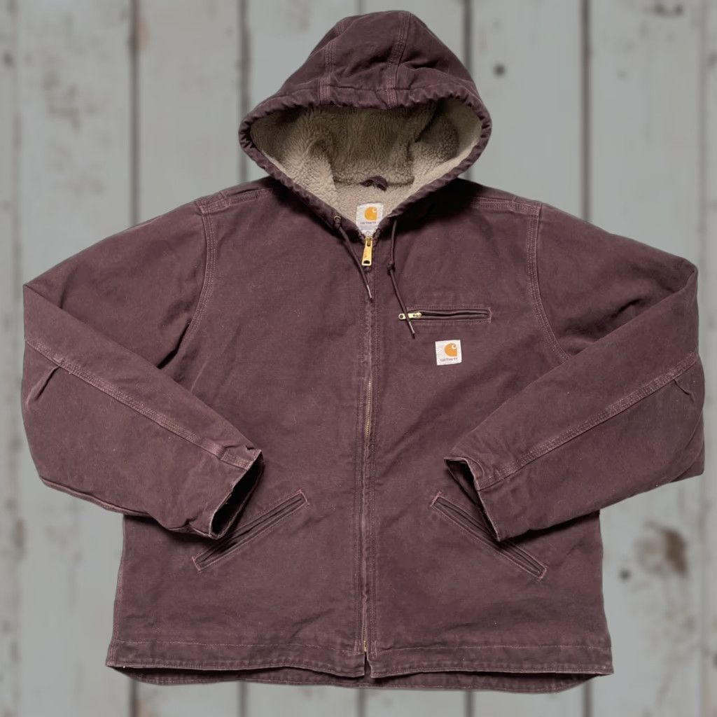 Carhartt VINTAGE Carhartt Jacket Hooded Bomber WJ141 Deep Wine Duck Canvas Sherpa Women's XL Size XL / US 12-14 / IT 48-50 - 1 Thumbnail