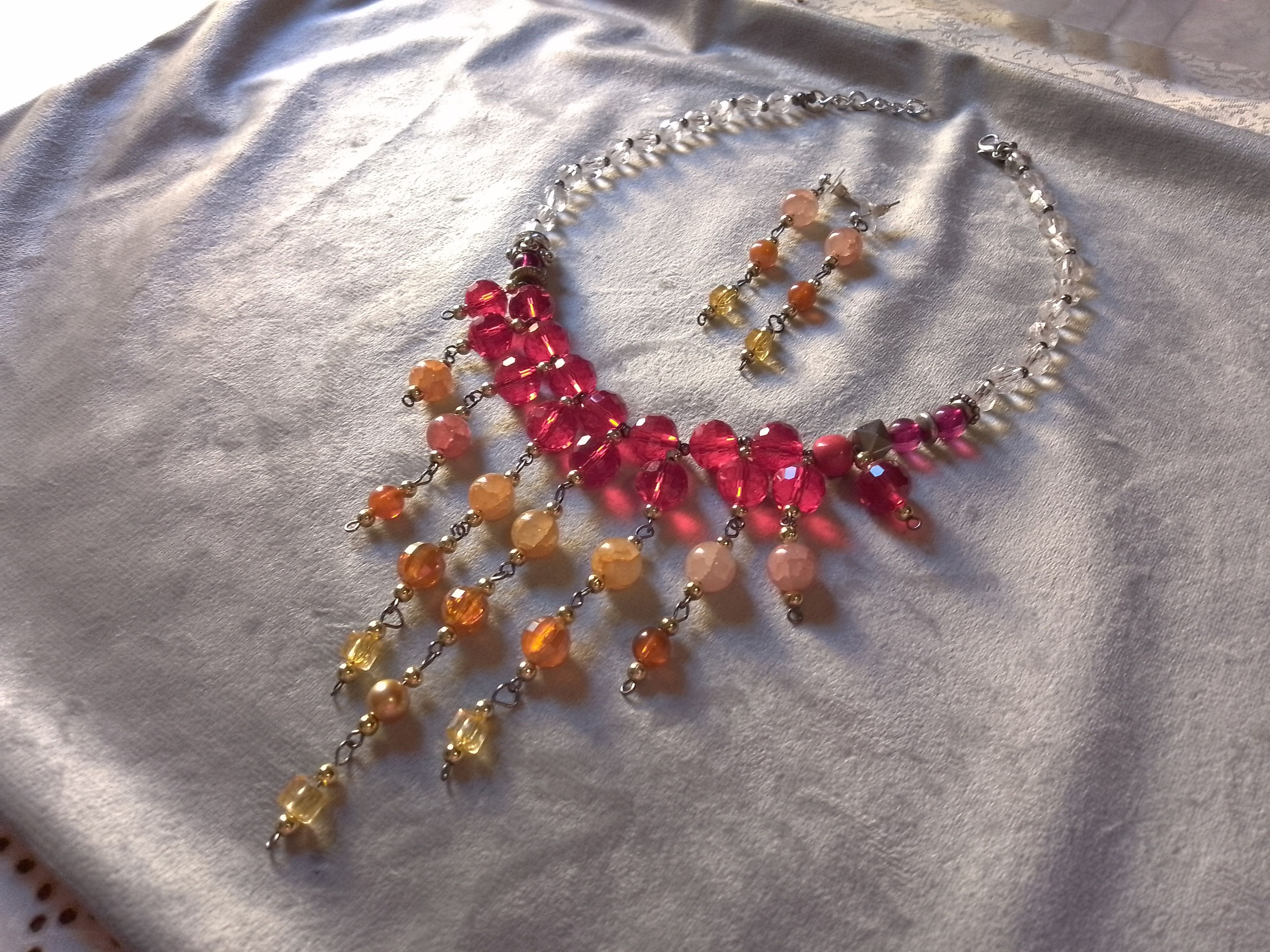 Handmade Necklace Red Crystals+gemstones. Frontal bangs.Earrings Size ONE SIZE - 2 Thumbnail