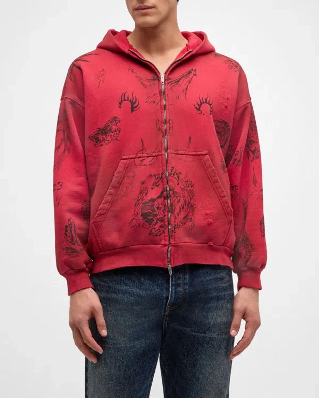 Balenciaga o1srvl11e0925 Tat Zip-Up Hoodie Medium Fit in Red Size US XL / EU 56 / 4 - 2 Thumbnail