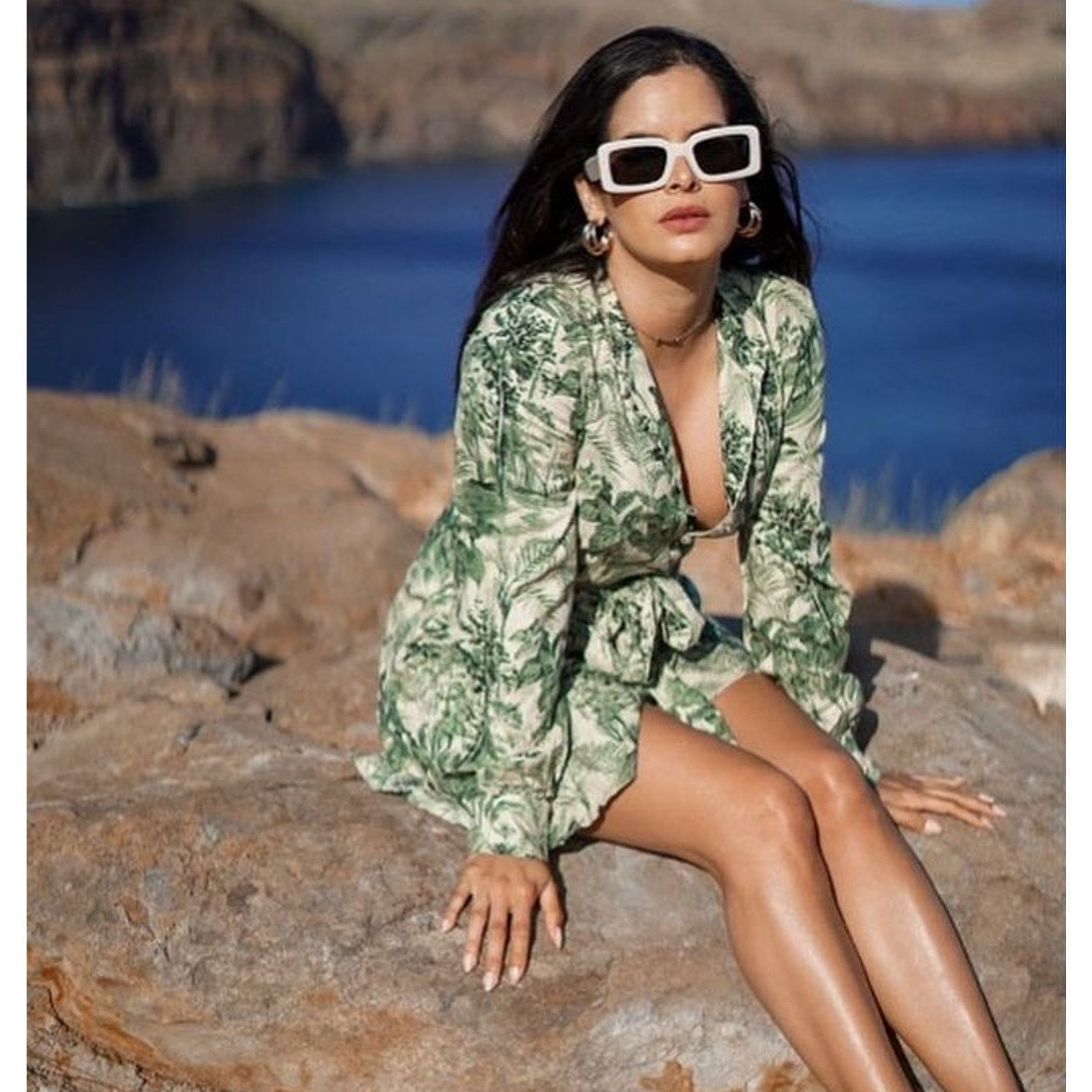 zara green printed dress with belt Hope & Ivy Landscape Print Midi Dress Green Blue Zara – MMJs Fashion main image 1