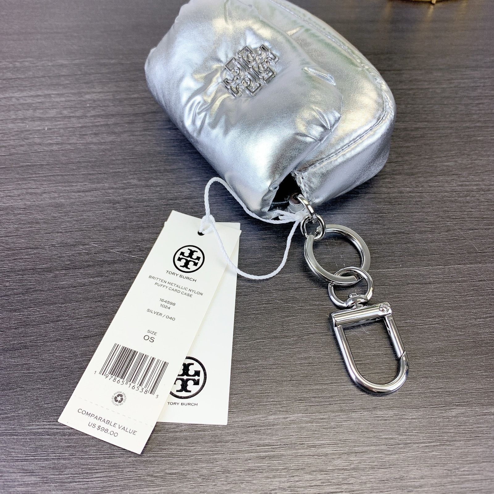 Tory Burch Tory Burch 164598 Britten Nylon Puffy Card Case IN SILVER Size ONE SIZE - 7 Thumbnail