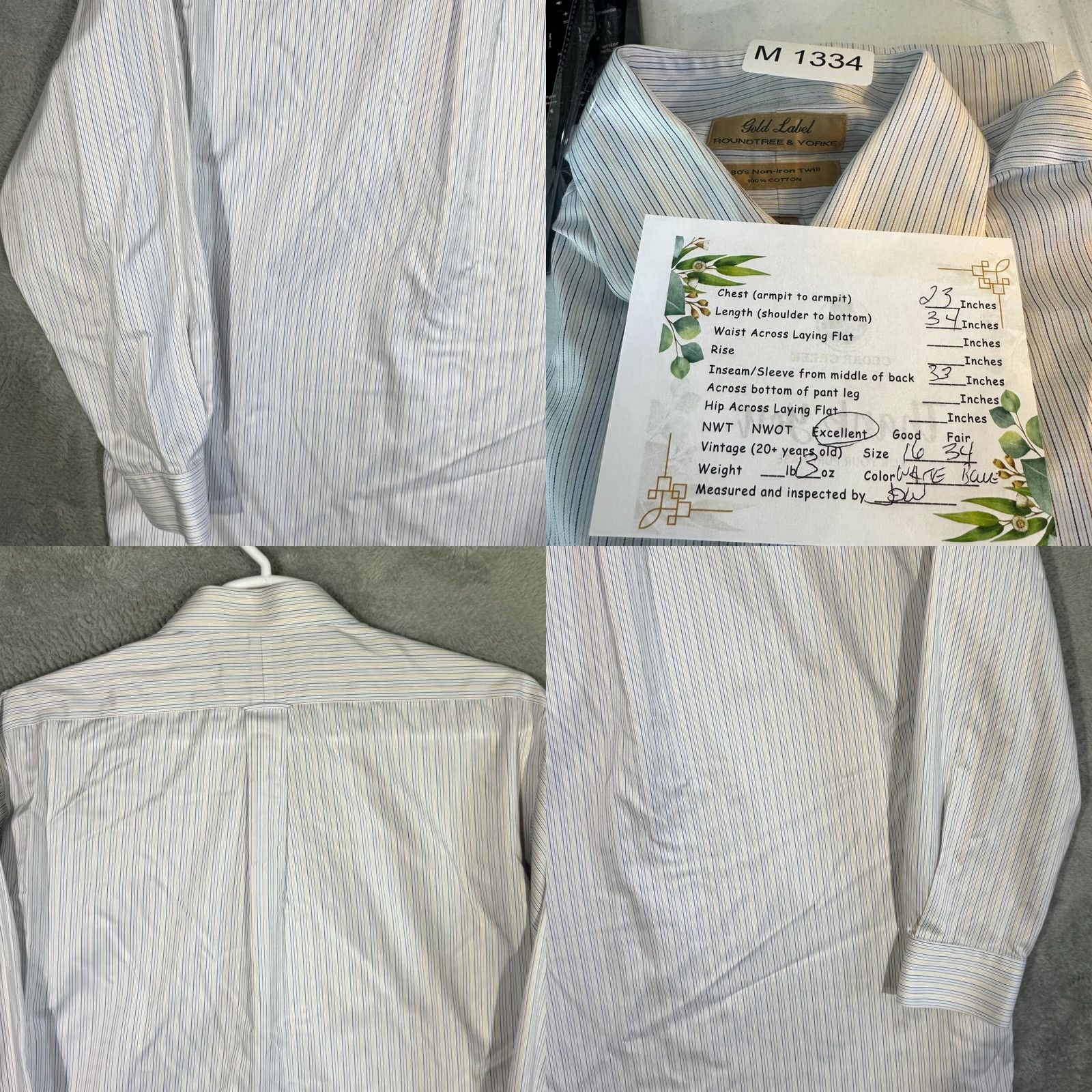 Roundtree & Yorke Gold Label Dress Shirt Mens 16/34 White Blue Striped 100% Cotton Formal Shirt Size 42R - 8 Thumbnail
