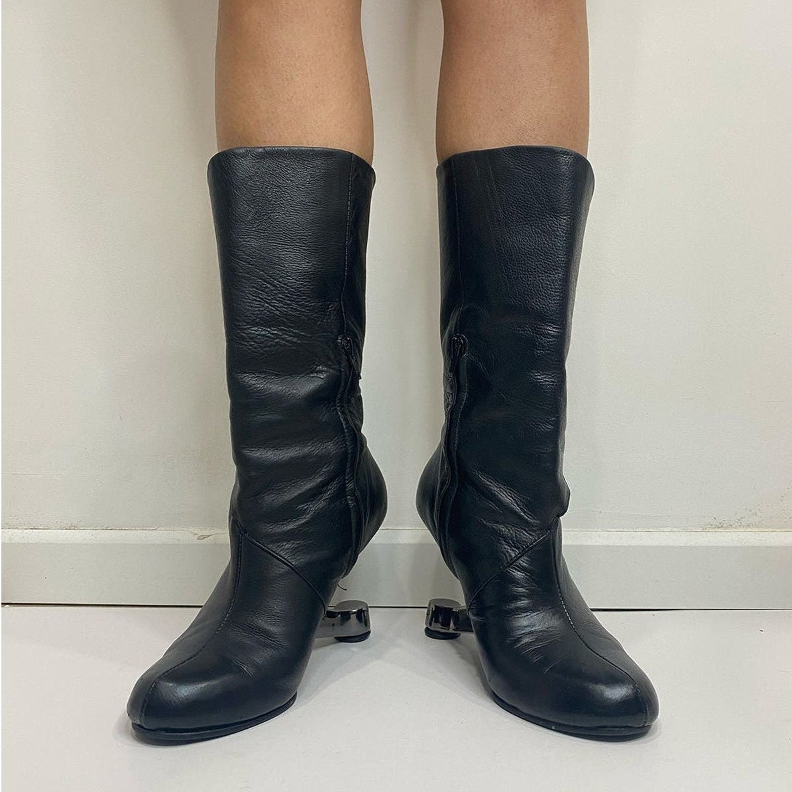 UNITED NUDE Archive Eamz Heel Mid Calf Leather Boots Size US 7 / IT 37 - 7 Thumbnail