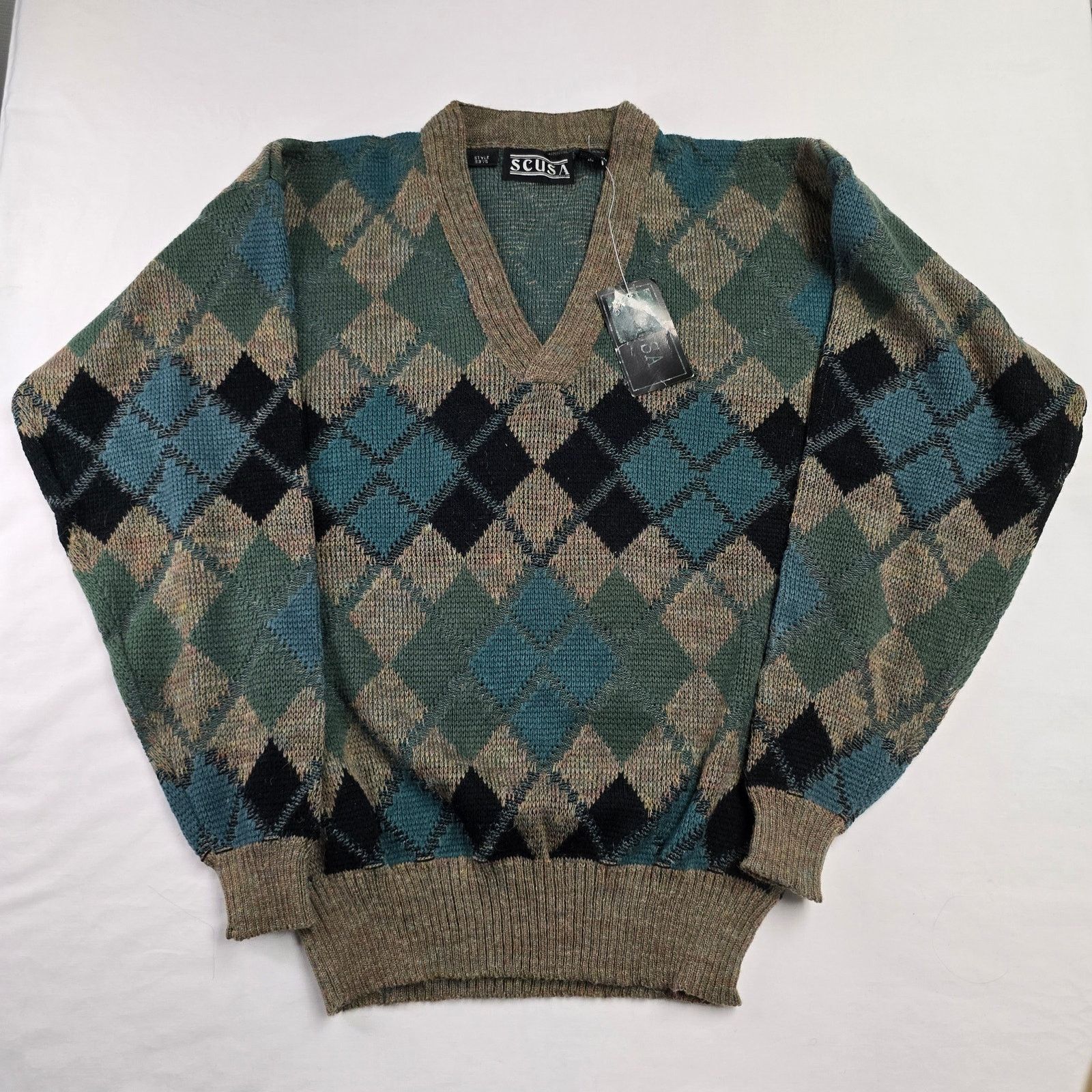 Vintage Vintage Scusa Argyle Diamond VNeck Sweater S Brown Green 90s Size US S / EU 44-46 / 1 - 1 Thumbnail