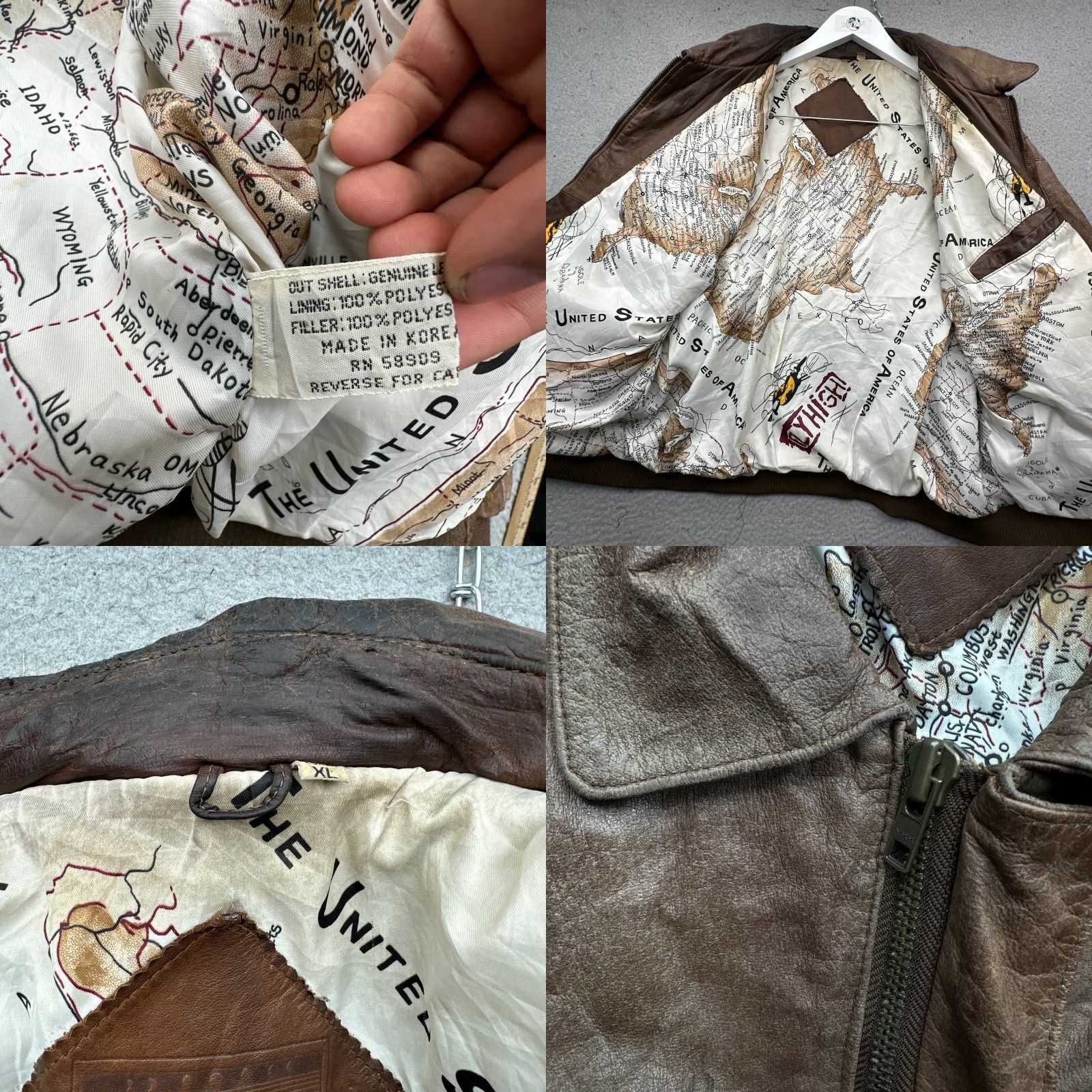 Roundtree & Yorke VINTAGE Roundtree & Yorke Bomber Leather Jacket Mens XL Brown Map Lined Flight Jacket Size US XL / EU 56 / 4 - 9 Thumbnail