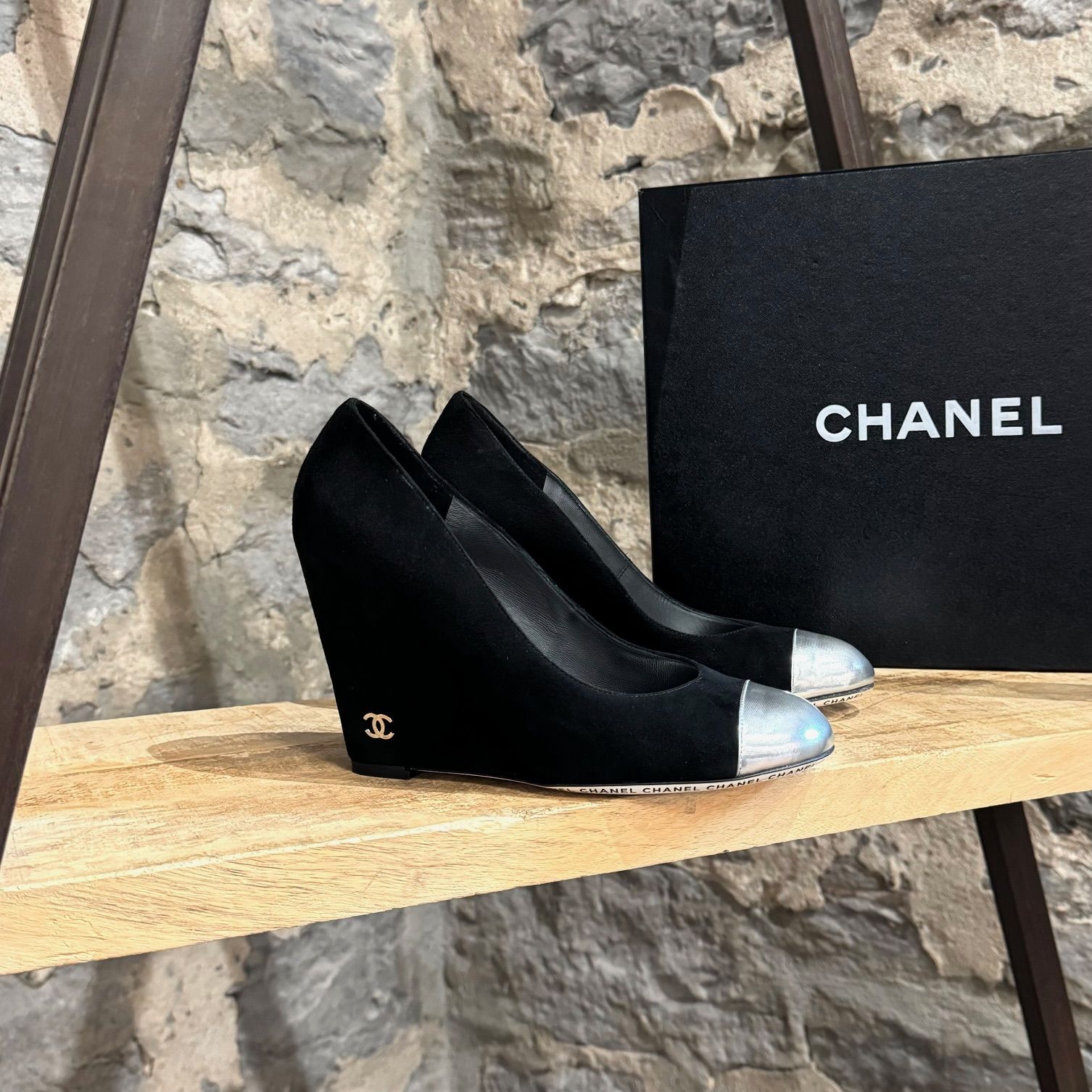 Chanel Chanel Black Suede Interlocking CC Wedge Heels