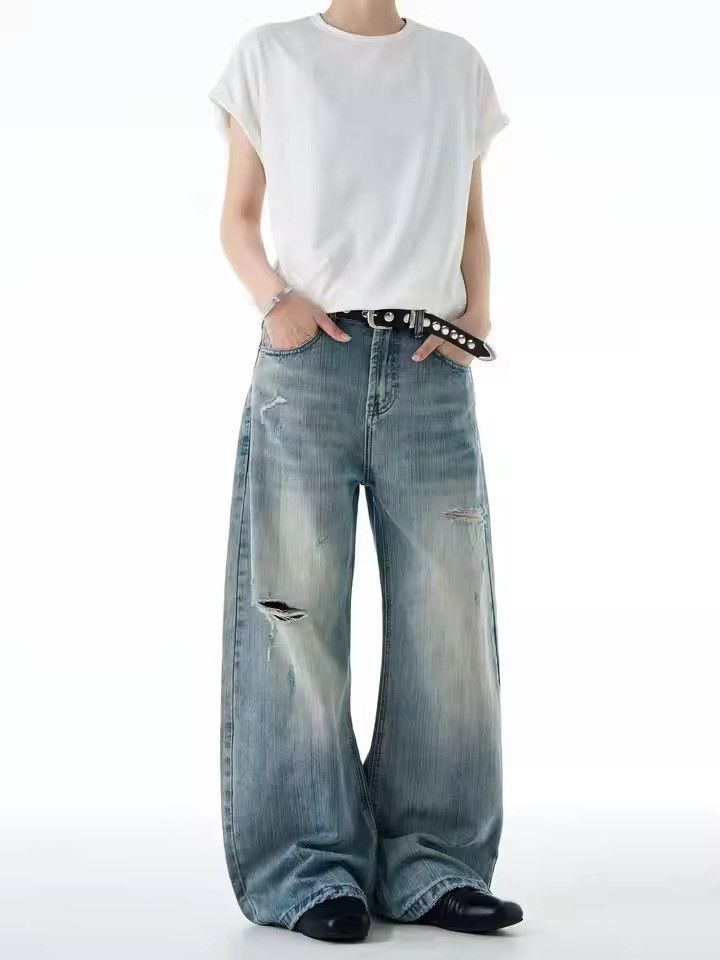 Japanese Brand Cyber-Y2K Distressed Baggy Jeans - Wide-Leg Faded Wash Denim Size US 29 - 8 Thumbnail