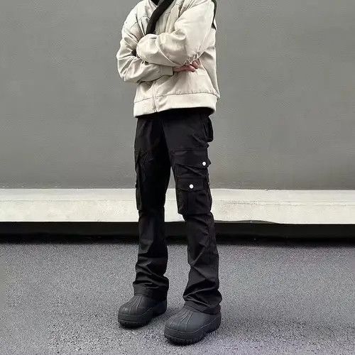 image of Vintage Straight Boot Cut Flared Pocket Cargo Jeans in Black, Men's (Size 30)
