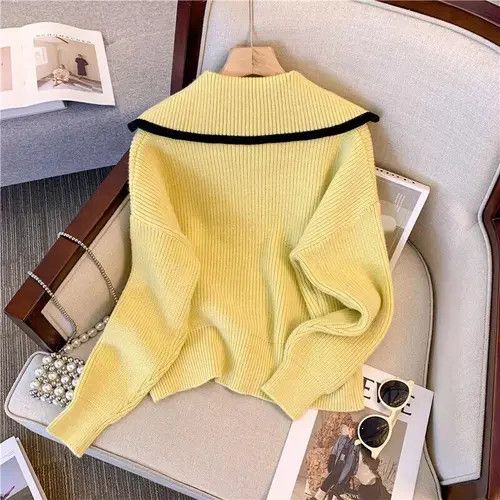 Yellow Zipper Lapel Cardigan Sweater