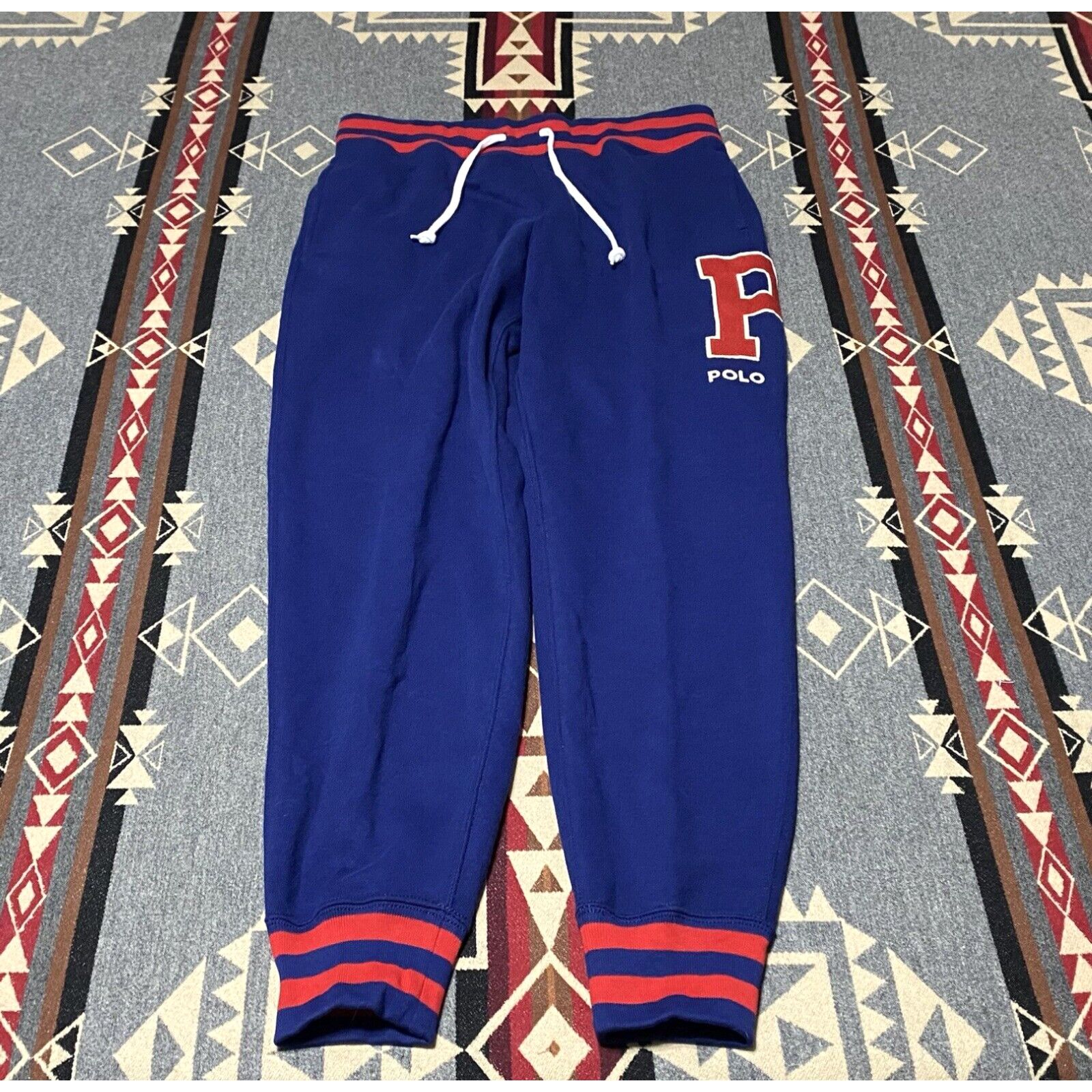 image of Polo Ralph Laurent Knit Jogger Pants Blue Red Stripe Logo Size S B4 in White, Men's