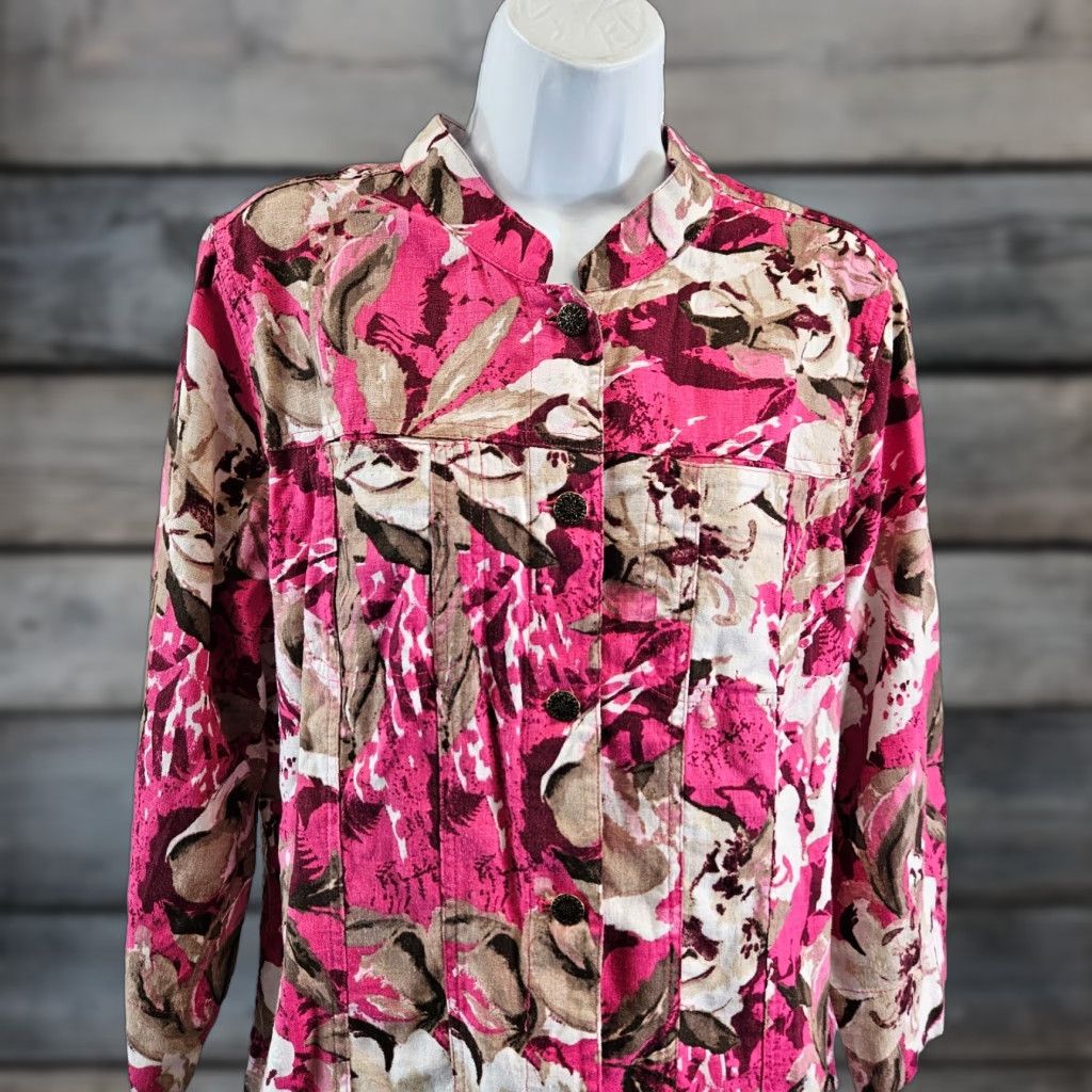 Vintage Christopher Banks Womens Jacket Sz Large Pink Tan Floral Linen Blend 3/4 Sleeve Size L / US 10 / IT 46 - 1 Thumbnail