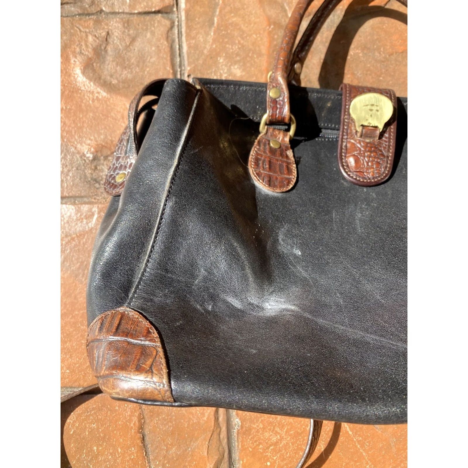 BRAHMIN VINTAGE Brahmin Shoulder Bag Cross Body Leather Tote Handbag Purse Black Ladies Medium Bag Charm Brown Croc Leather Size ONE SIZE - 4 Thumbnail