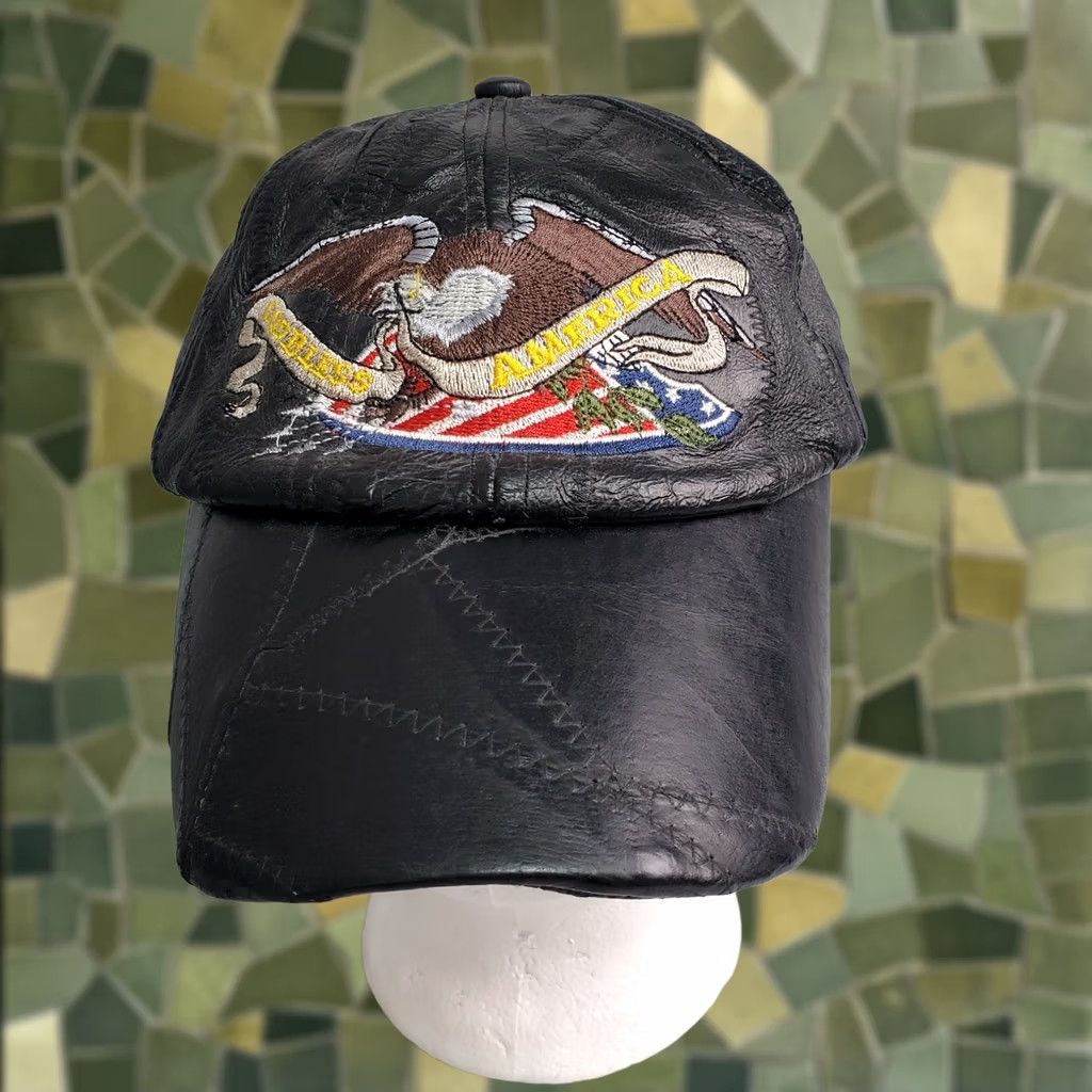 Vintage God Bless America Leather Baseball Cap Hat Men's Black Patchwork Eagle Flag Size ONE SIZE - 1 Thumbnail
