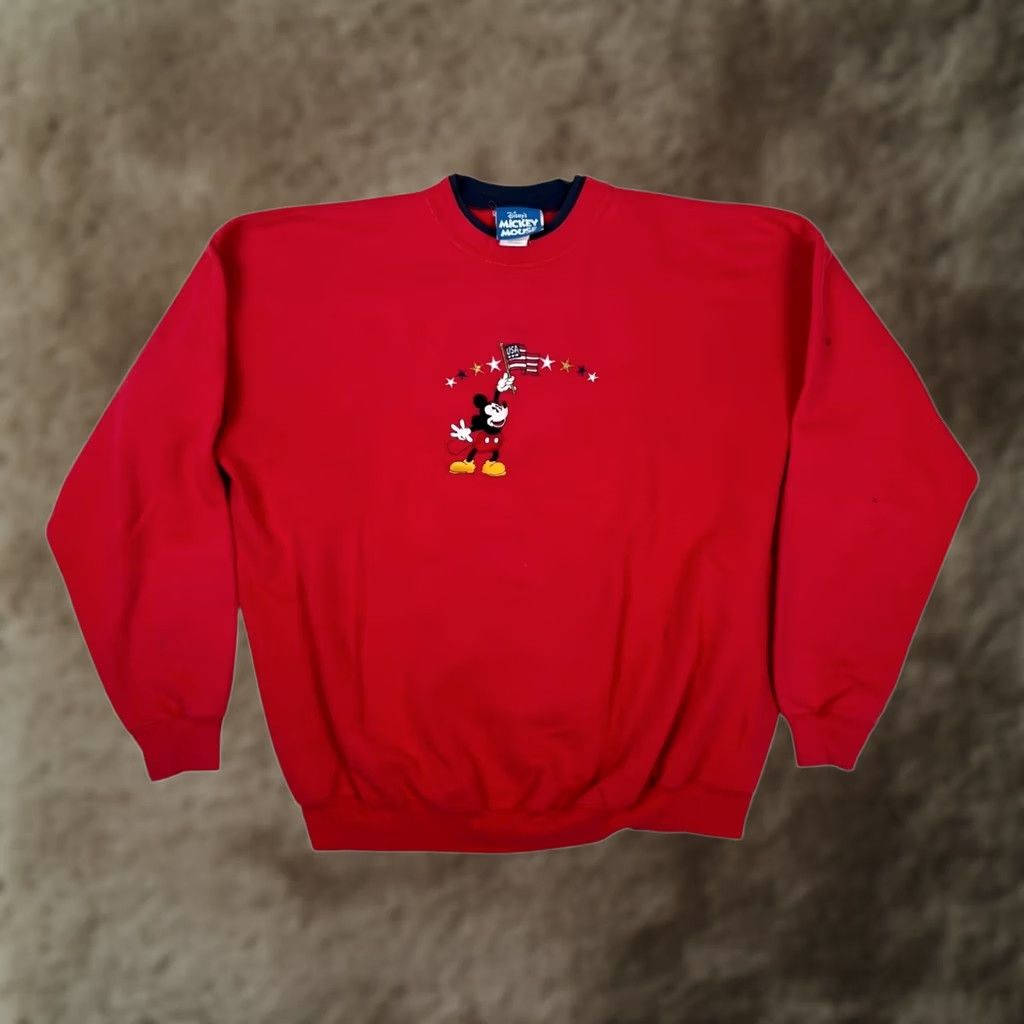 Disney VINTAGE Disney Mickey Mouse Sweatshirt Mens XL Red Embroidered Flag Patriotic USA Stars Crew Neck Pullover Graphic Print Cotton Polyester Fleece Size US XL / EU 56 / 4 - 1 Thumbnail