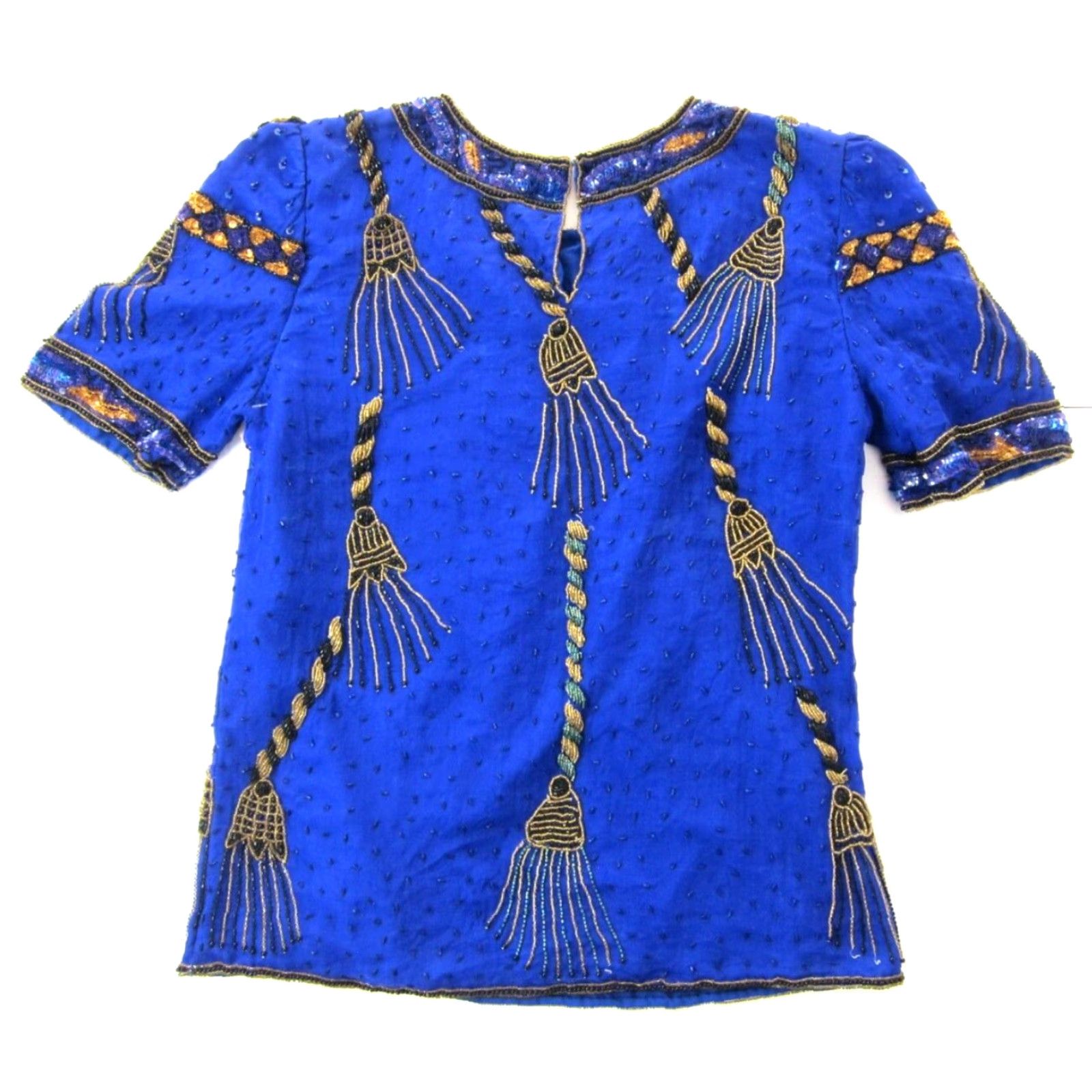 Vintage NWT Laurence Kazar 100% Silk Blue Gold Beaded Sequin Short Sleeve Blouse PS Size S / US 4 / IT 40 - 2 Thumbnail