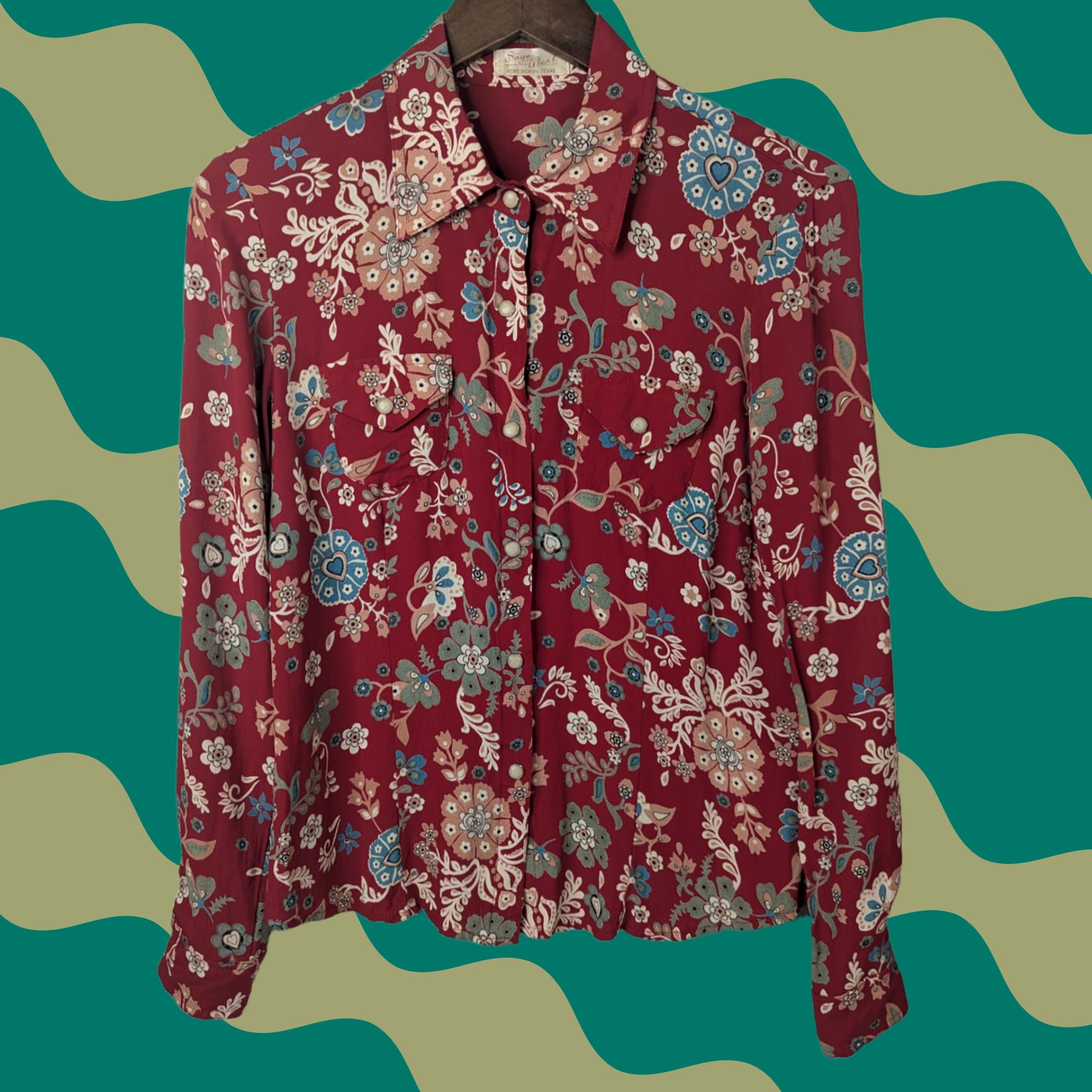 Vintage Sage West Prairie Creek Women's M Pearl Snaps Floral Western Shirt Red XS? No, M size. Size M / US 6-8 / IT 42-44 - 1 Thumbnail