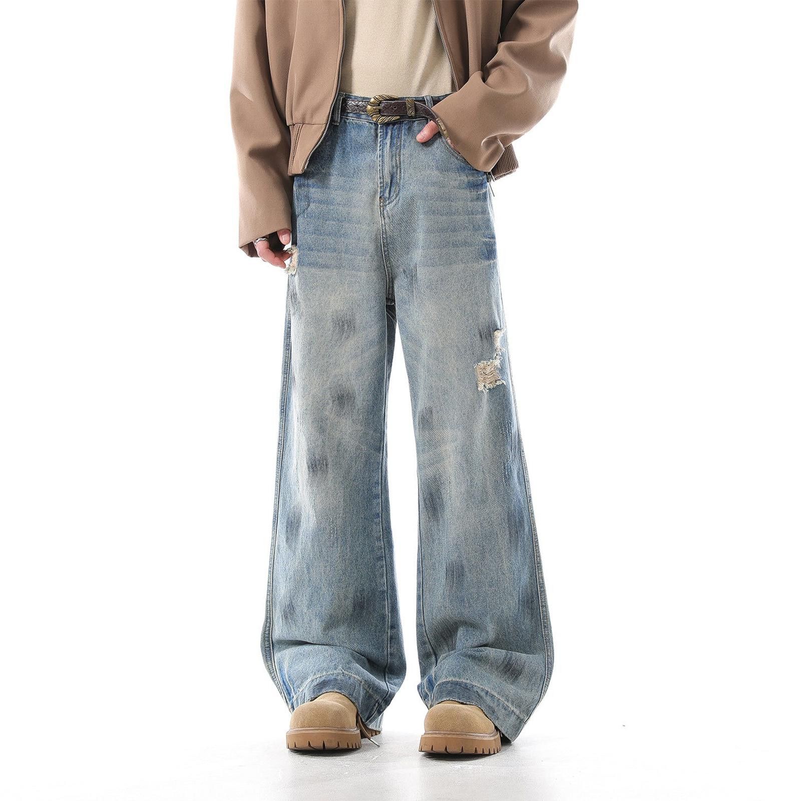 Vintage Light Blue Distressed Wide Leg Jeans, Baggy Denim Pants Size US 32 / EU 48 - 3 Thumbnail