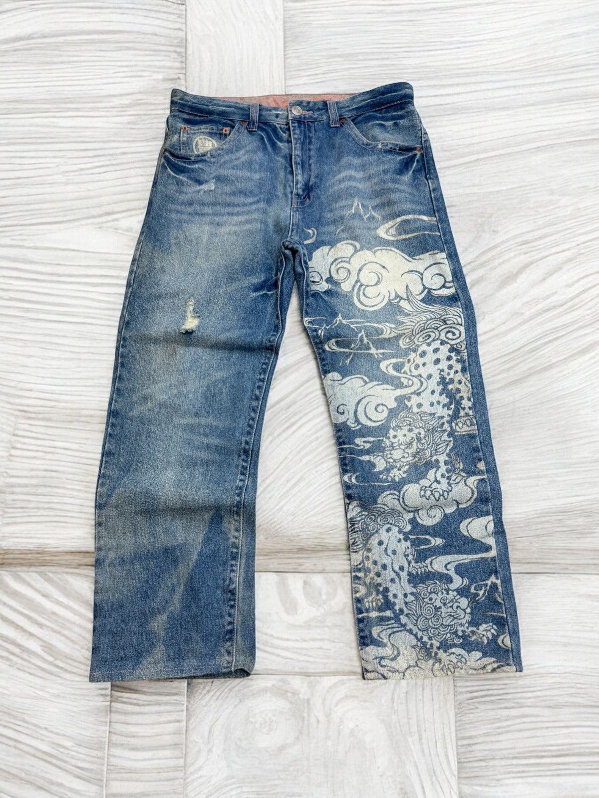 Japanese Brand VINTAGE KARAKURI TAMASHI TRADITION DRAGON ACID WASH DENIM Size US 32 / EU 48 - 1 Thumbnail